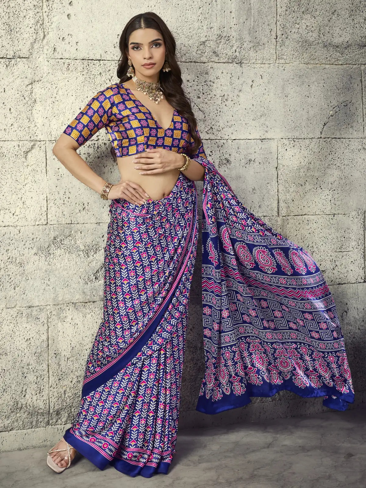 Tarani Nirmita blue Modal Satin Ajrakh Print Saree pallu view highlighting Ajrakh border and artistic motifs
