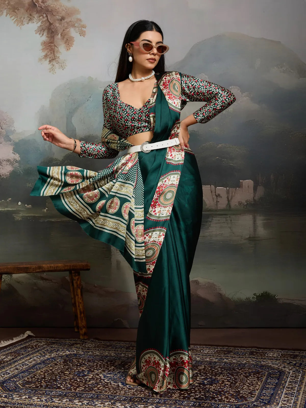 Tarani green modal satin saree with Ajrakh print and matching full-view pose by model Hridyanshi