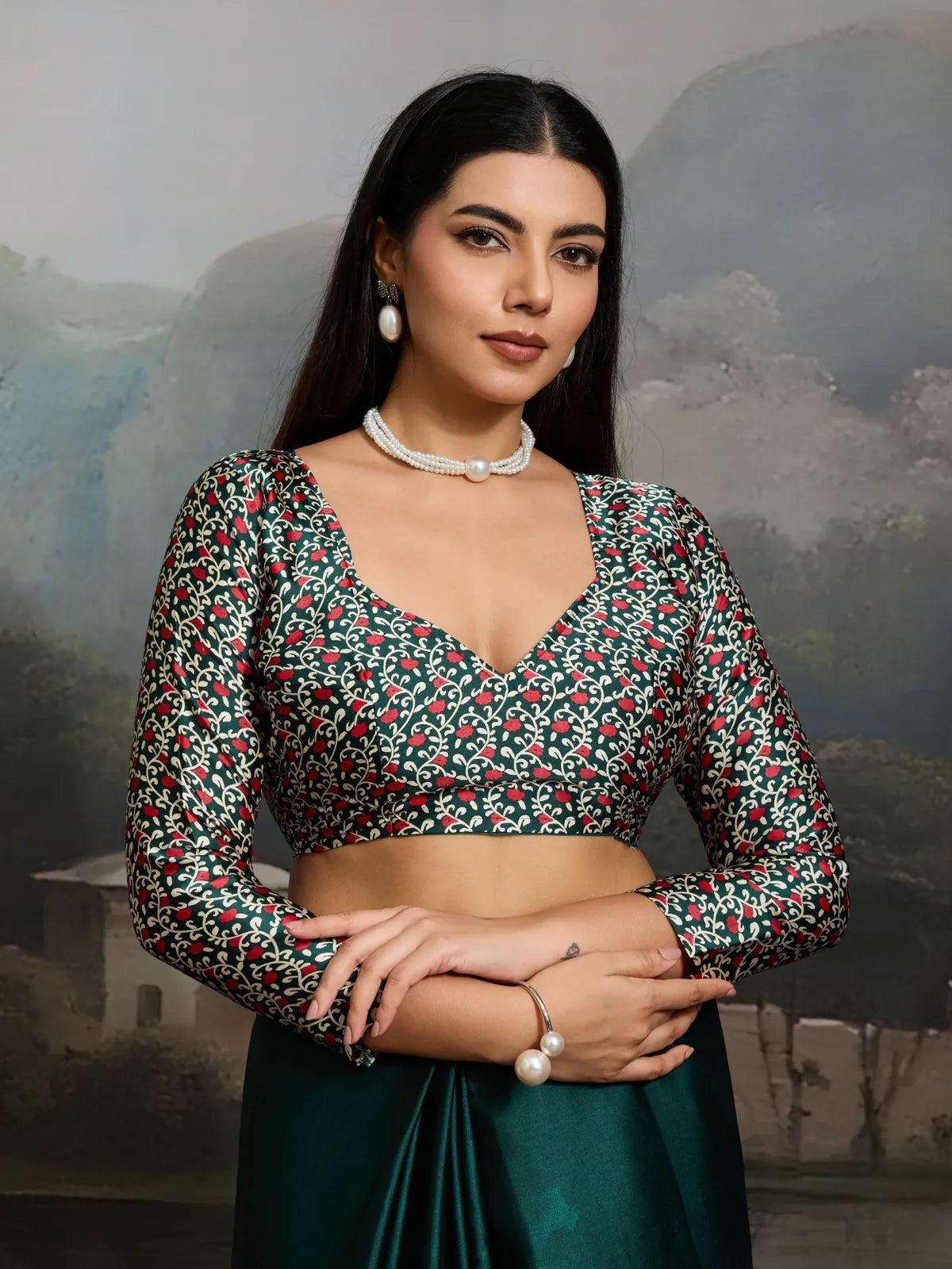 Tarani modal satin saree in green with Ajrakh blouse closeup front view - Hridyanshi