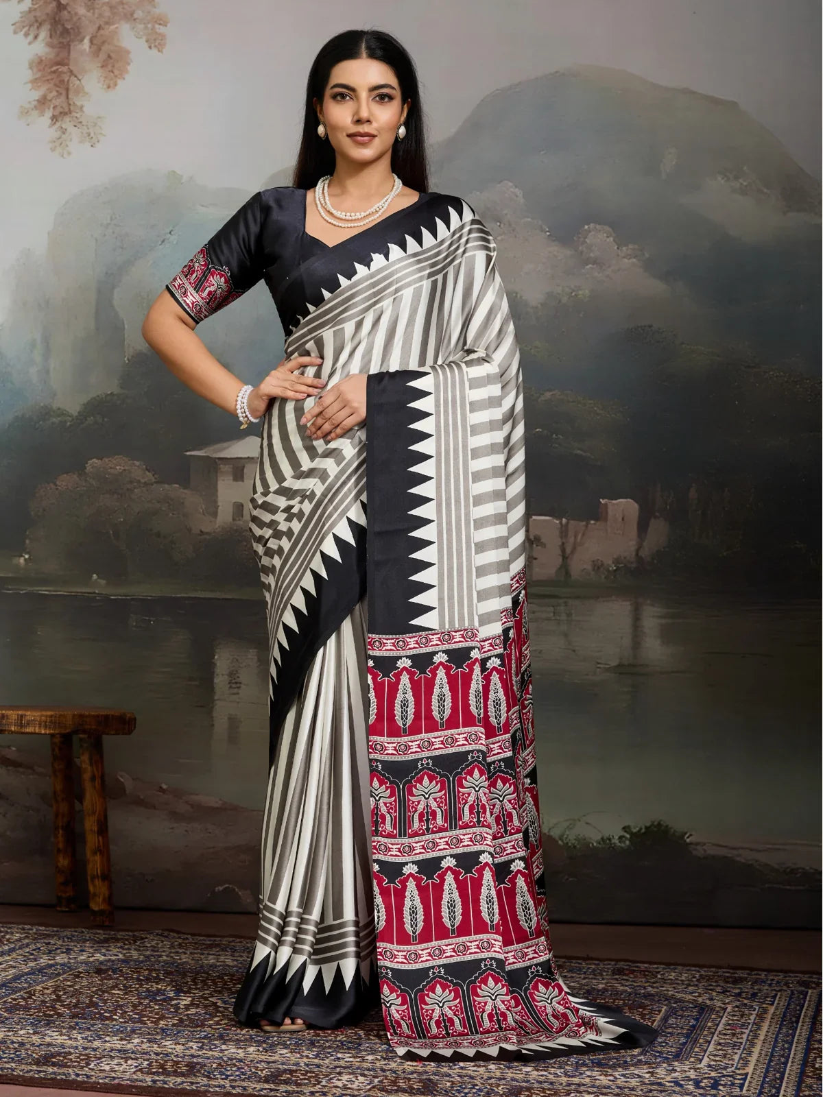 Tarani modal satin grey saree with red and black ajrakh print, full view with matching blouse
