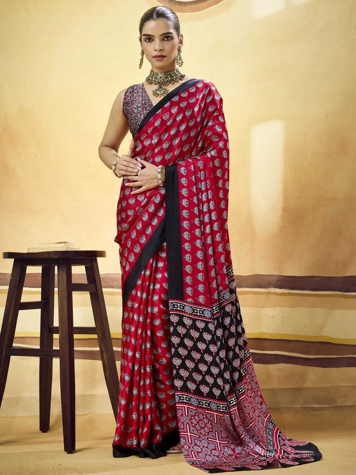 Tarani maroon Modal Satin Ajrakh Print saree full view with unstitched blouse
