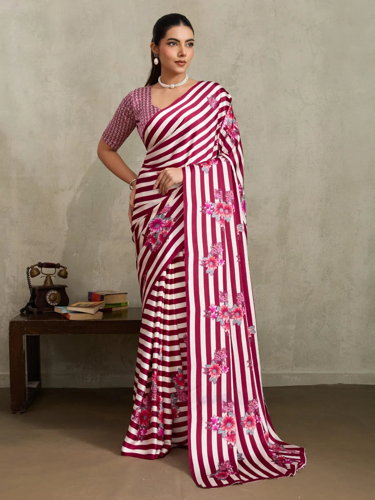 Tarani Modal Satin maroon striped floral saree with elegant drape full view