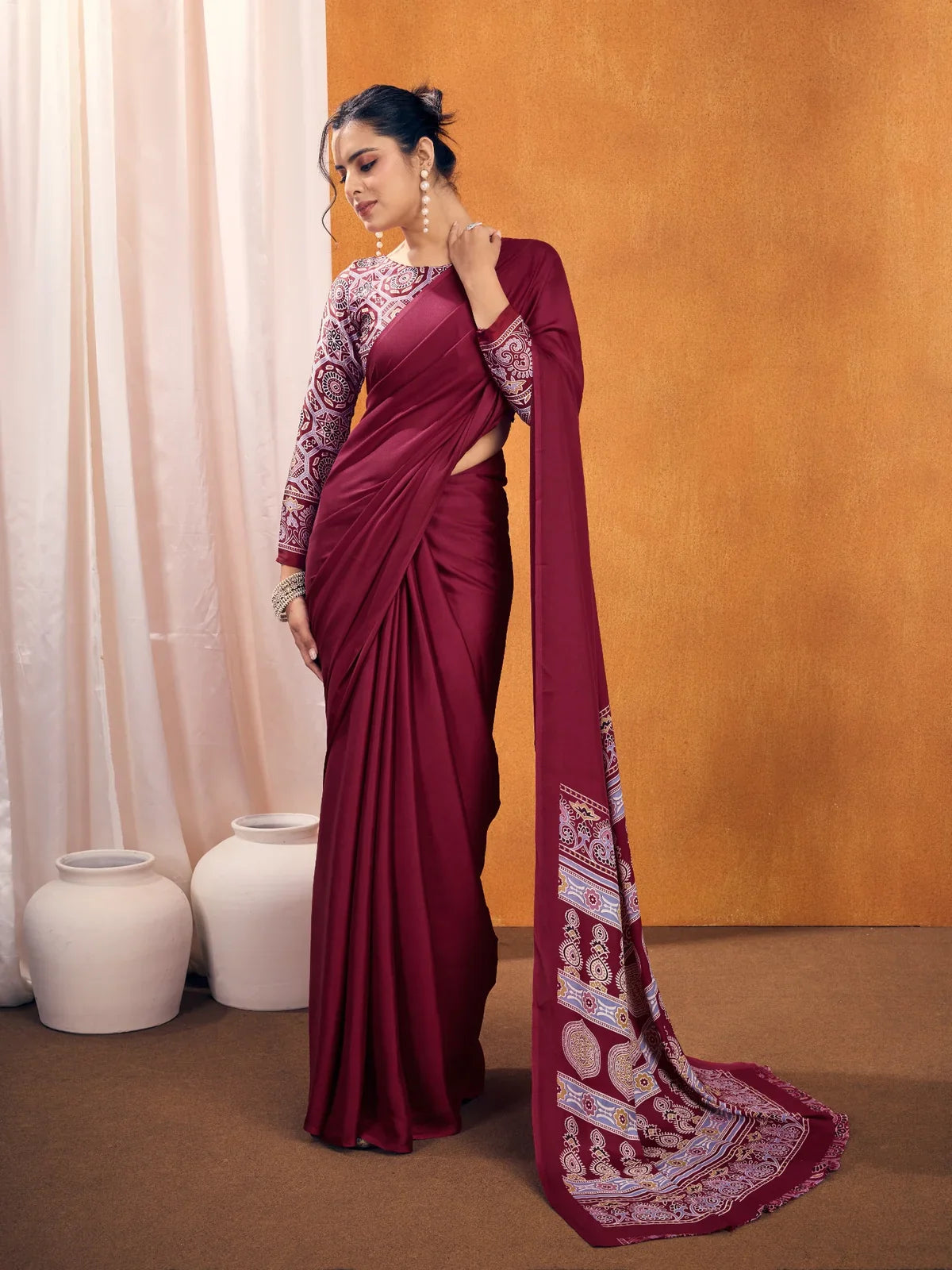Tarani maroon Ajrakh modal satin saree full view with printed blouse for casual and office wear