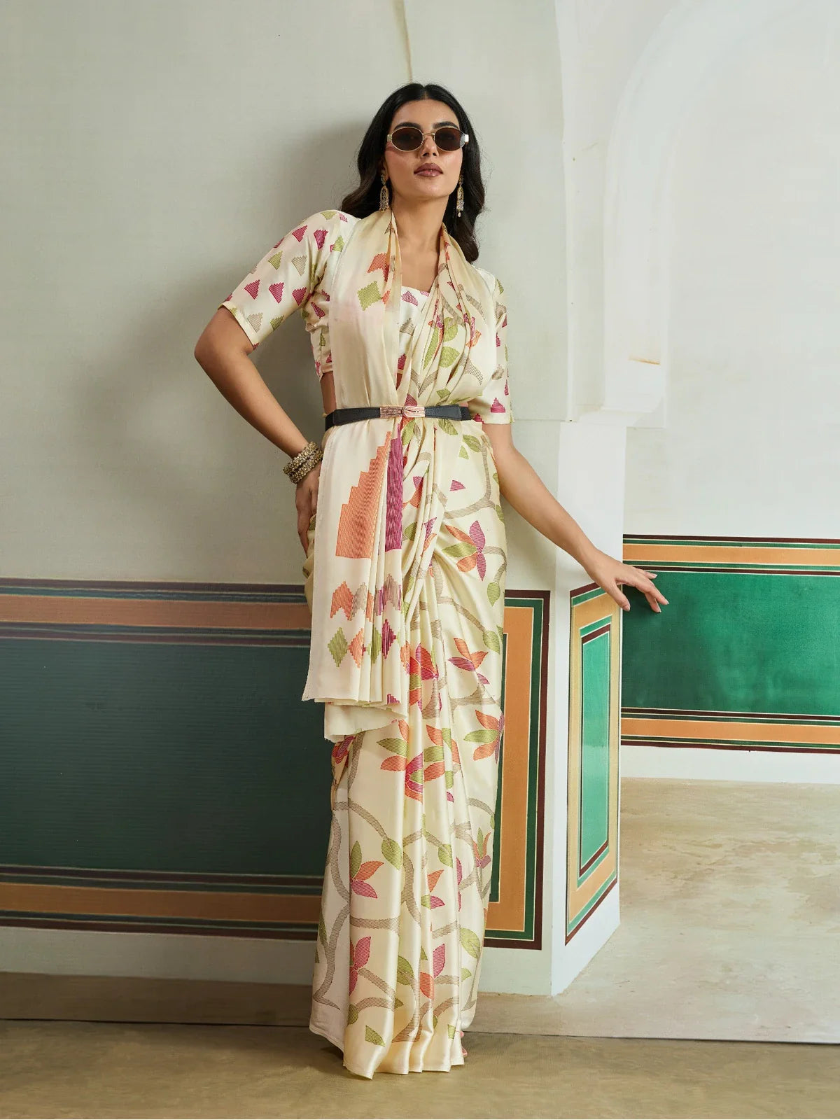 Tarani beige modal satin saree front view with multicolor floral and geometric Ajrakh prints