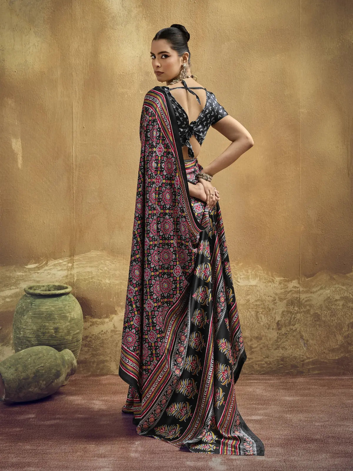 Tarani black Modal Satin Ajrakh saree back view with stylish blouse pattern