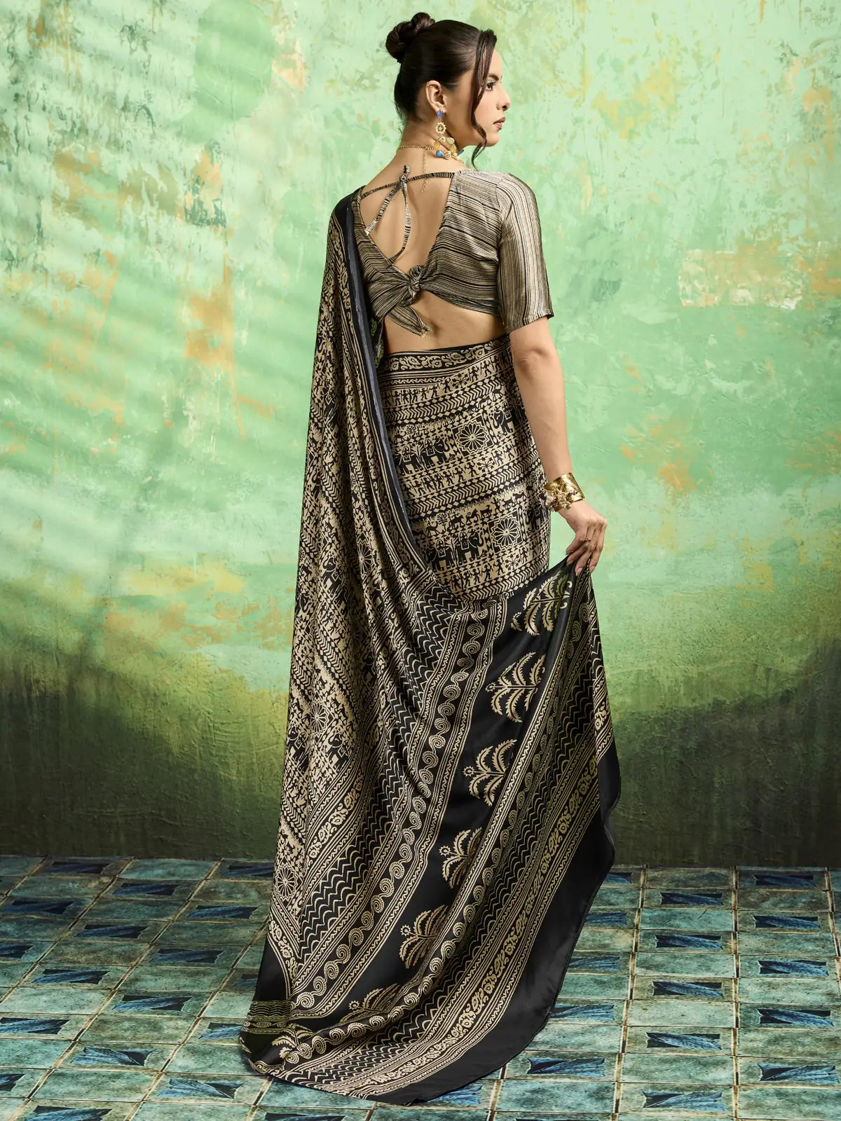 Tarani black Modal Satin Ajrakh Print saree back view showing blouse back design