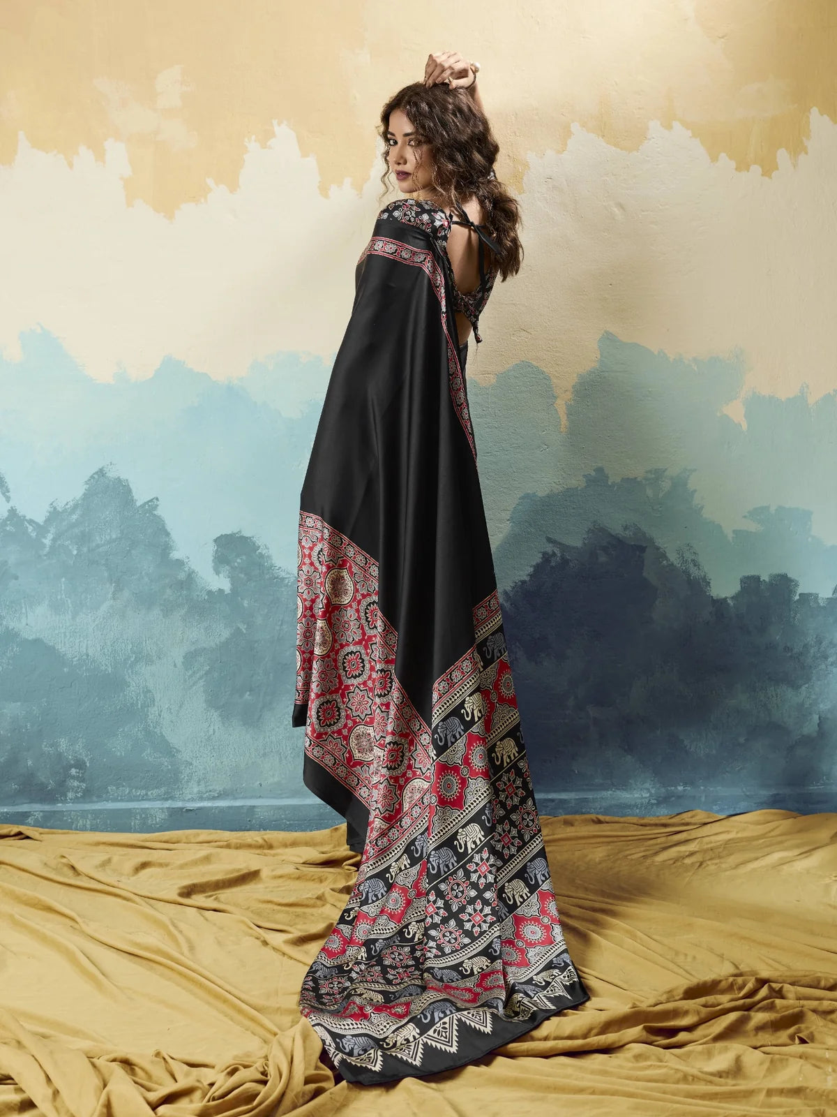 Tarani black modal satin Ajrakh print saree back view with stylish blouse design