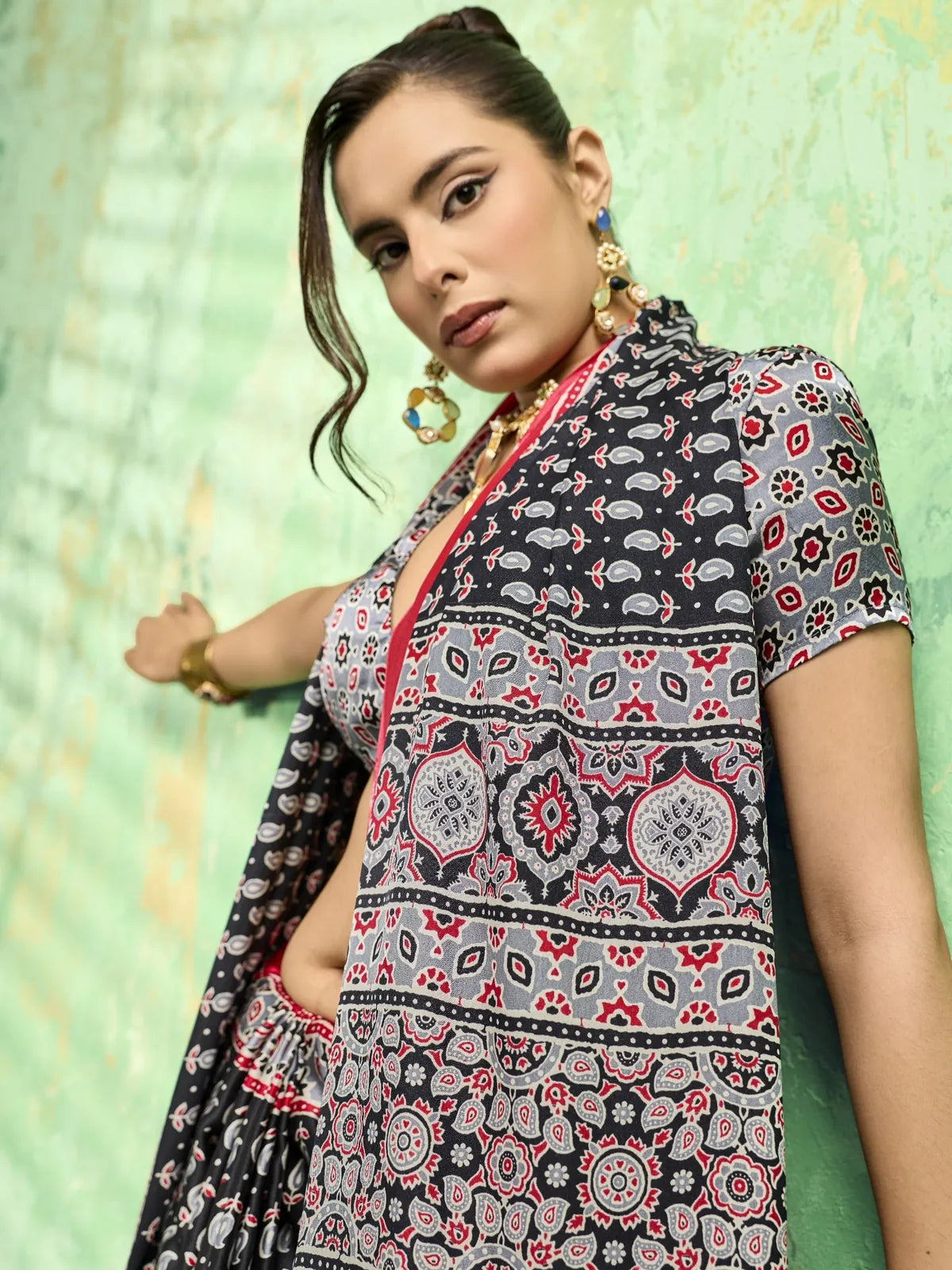 Tarani modal satin Ajrakh print blouse view saree with detailed ethnic print and elegant styling
