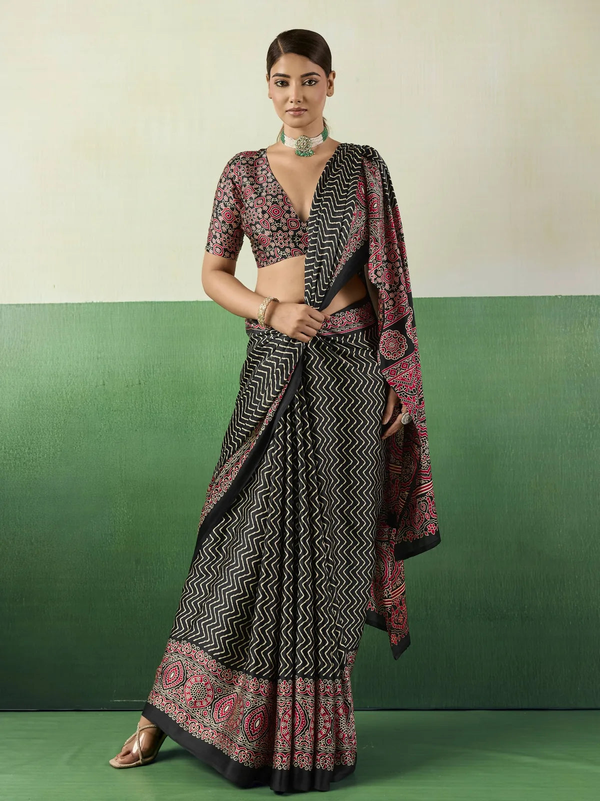 Tarani black modal satin Ajrakh saree front drape view with printed blouse