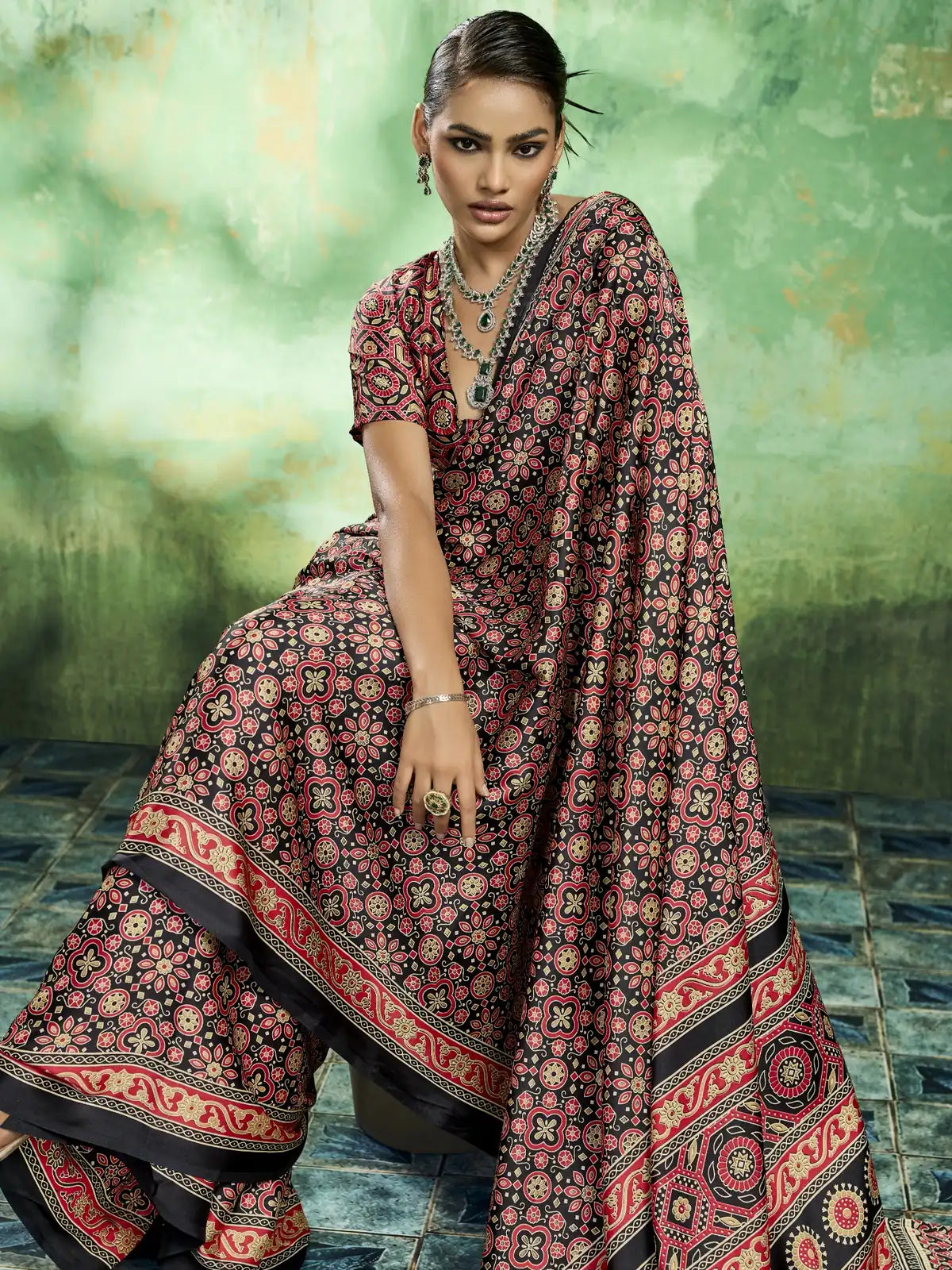 Tarani black modal satin Ajrakh print saree front pose with stylish ethnic drape