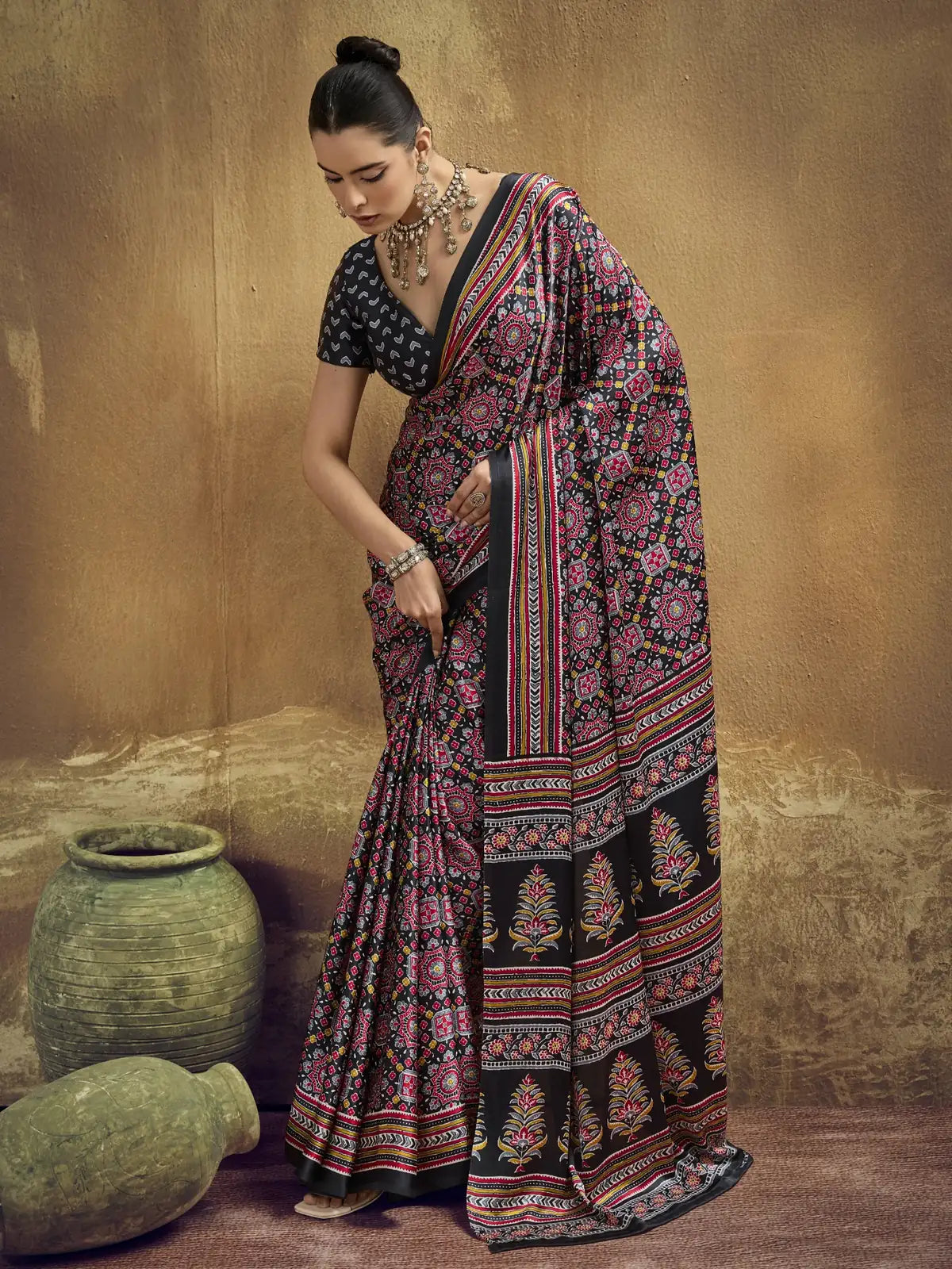 Tarani black Modal Satin Ajrakh print saree full view for casual and carnival wear