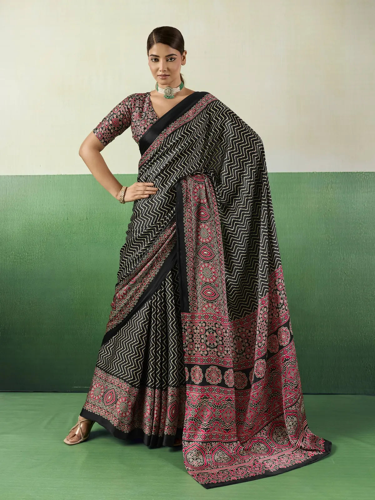 Tarani black modal satin Ajrakh print saree with detailed border and blouse full view