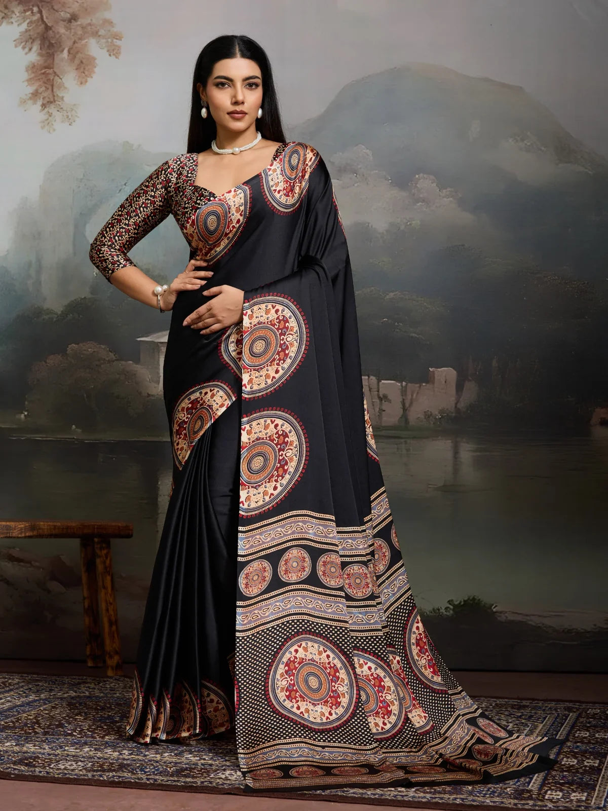 Tarani black modal satin ajrakh print saree full view with traditional round motifs and matching blouse