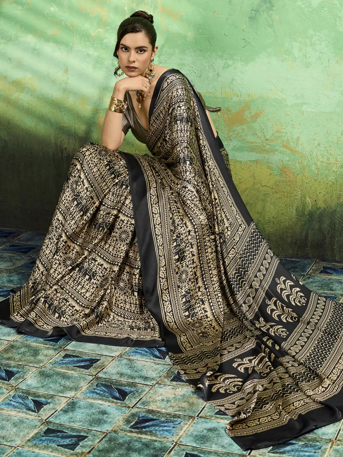 Tarani black Modal Satin Ajrakh Print saree pallu view highlighting Ajrakh print and border