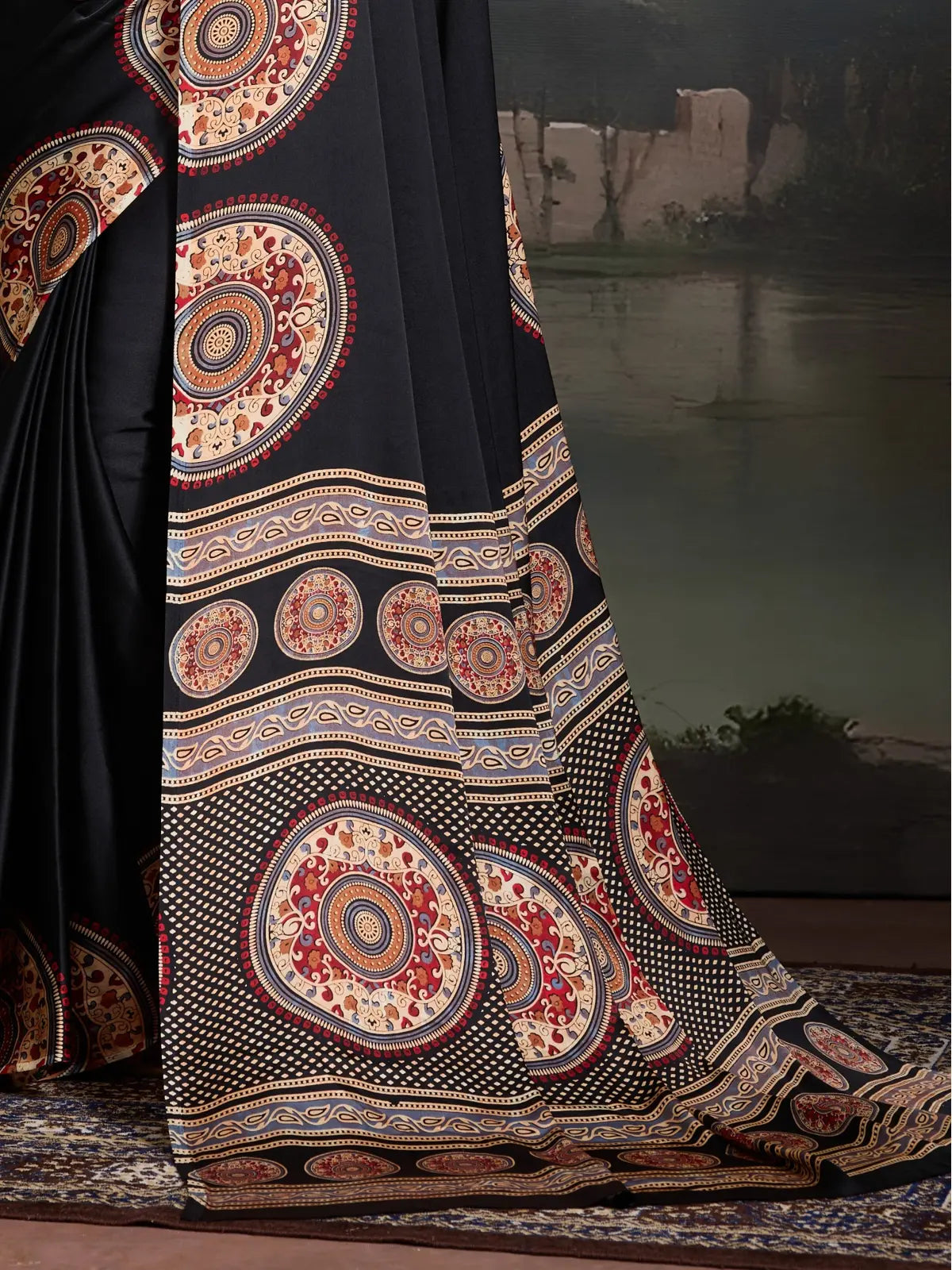 Tarani modal satin saree pallu view highlighting detailed round ajrakh border designs