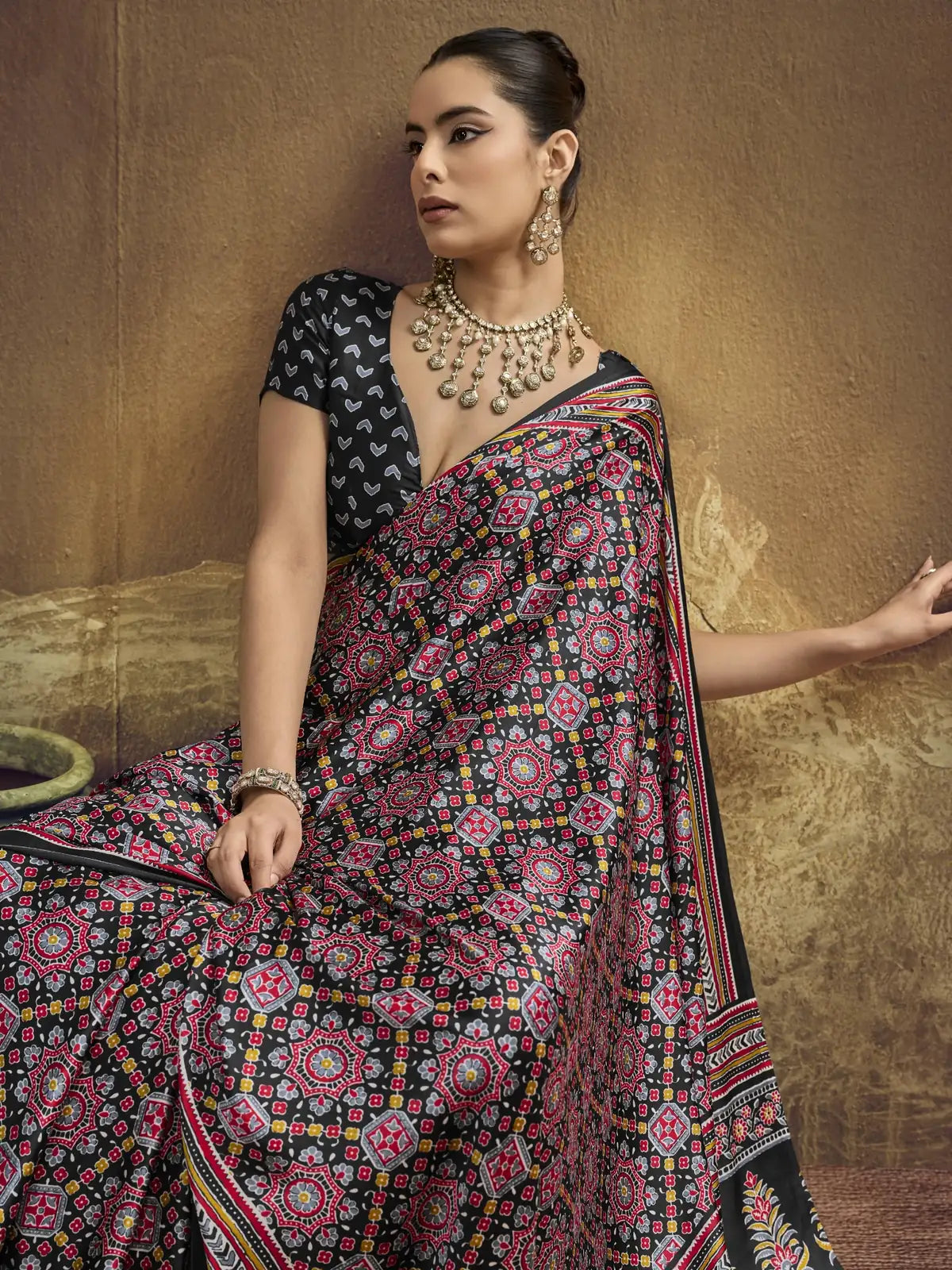 Tarani black Modal Satin saree side pose for casual and festive styling
