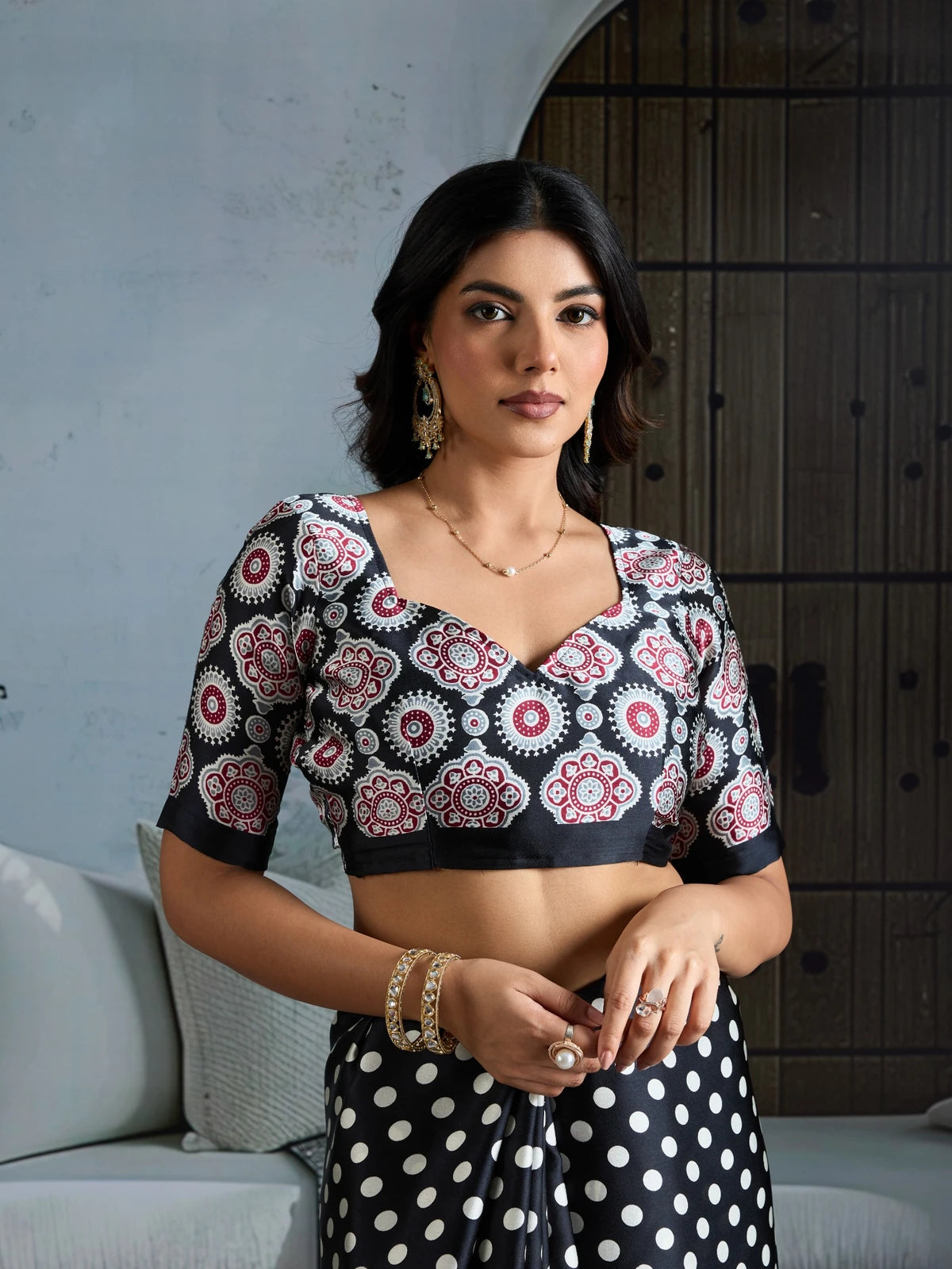 Tarani black modal satin Ajrakh print saree blouse upper body portrait with designer detailing