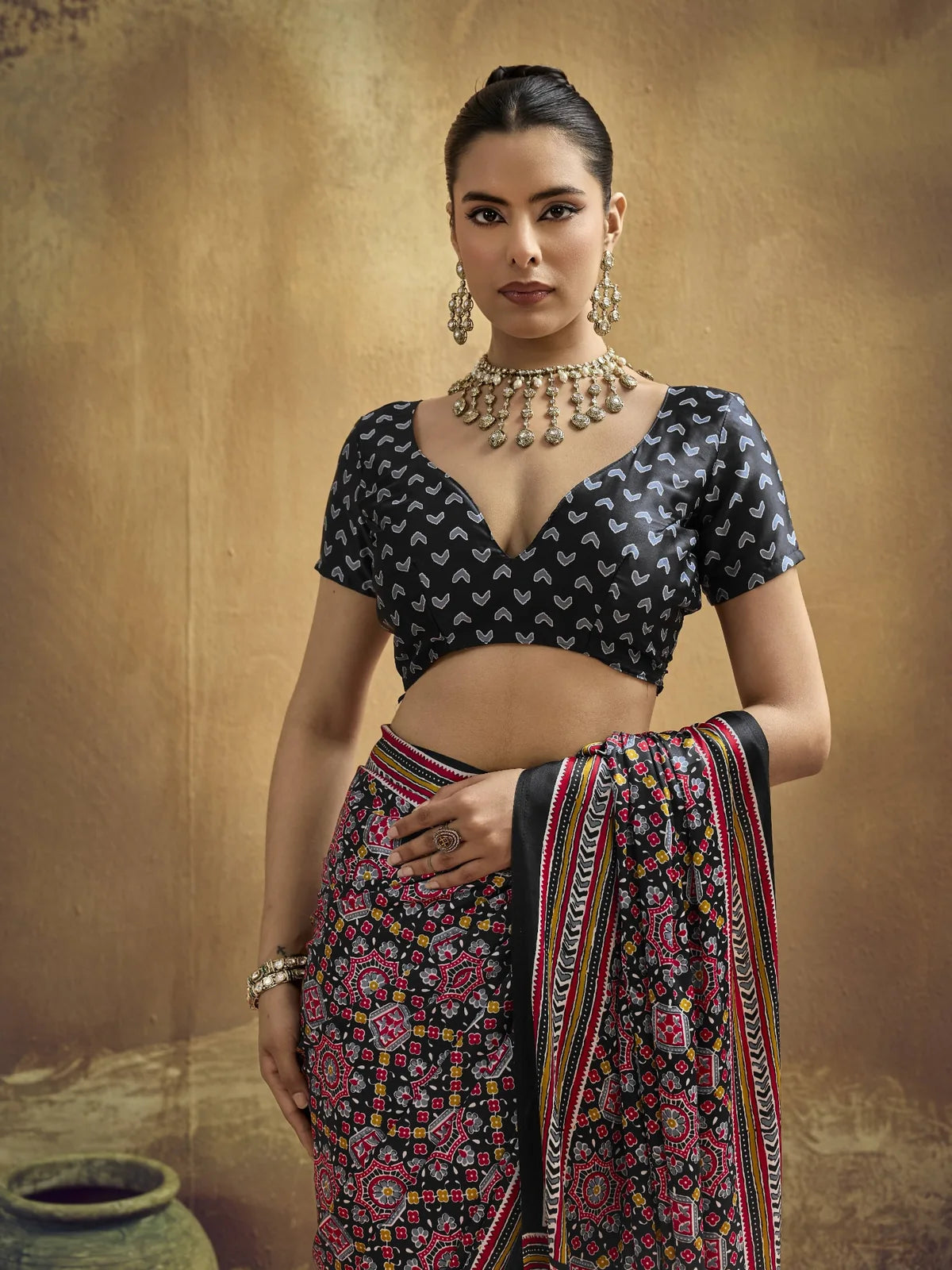 Tarani black Ajrakh print Modal Satin saree upper body look with designer blouse