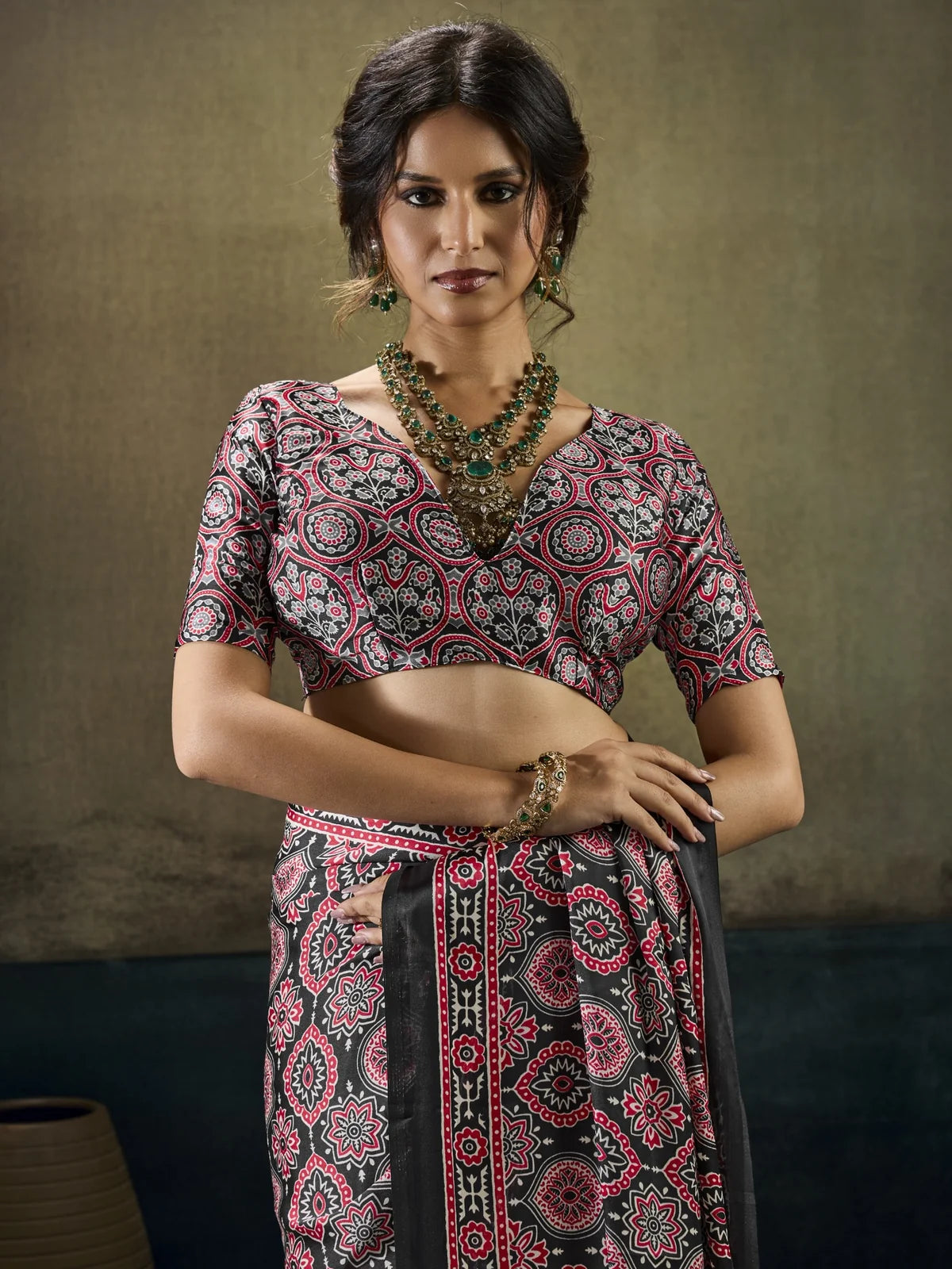 Tarani Mahira black Modal Satin Ajrakh print saree upper body view with matching blouse