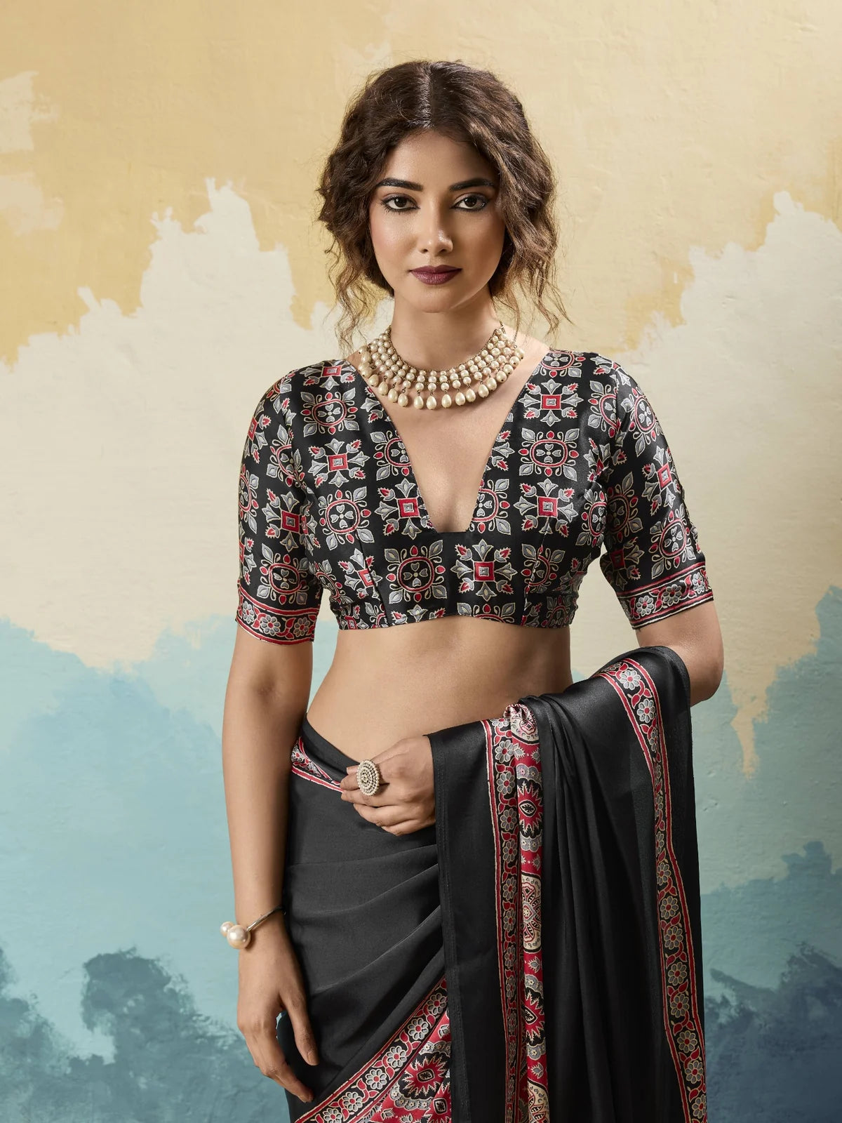 Tarani black modal satin Ajrakh print saree upper body view with designer blouse