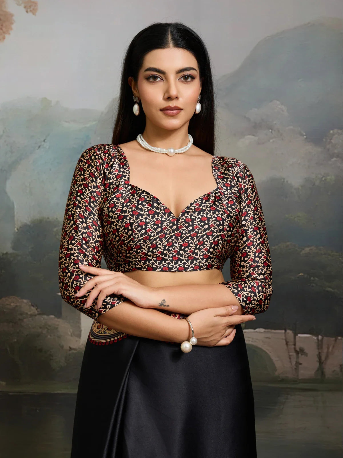 Tarani modal satin saree upper body view showing front neckline and blouse pattern