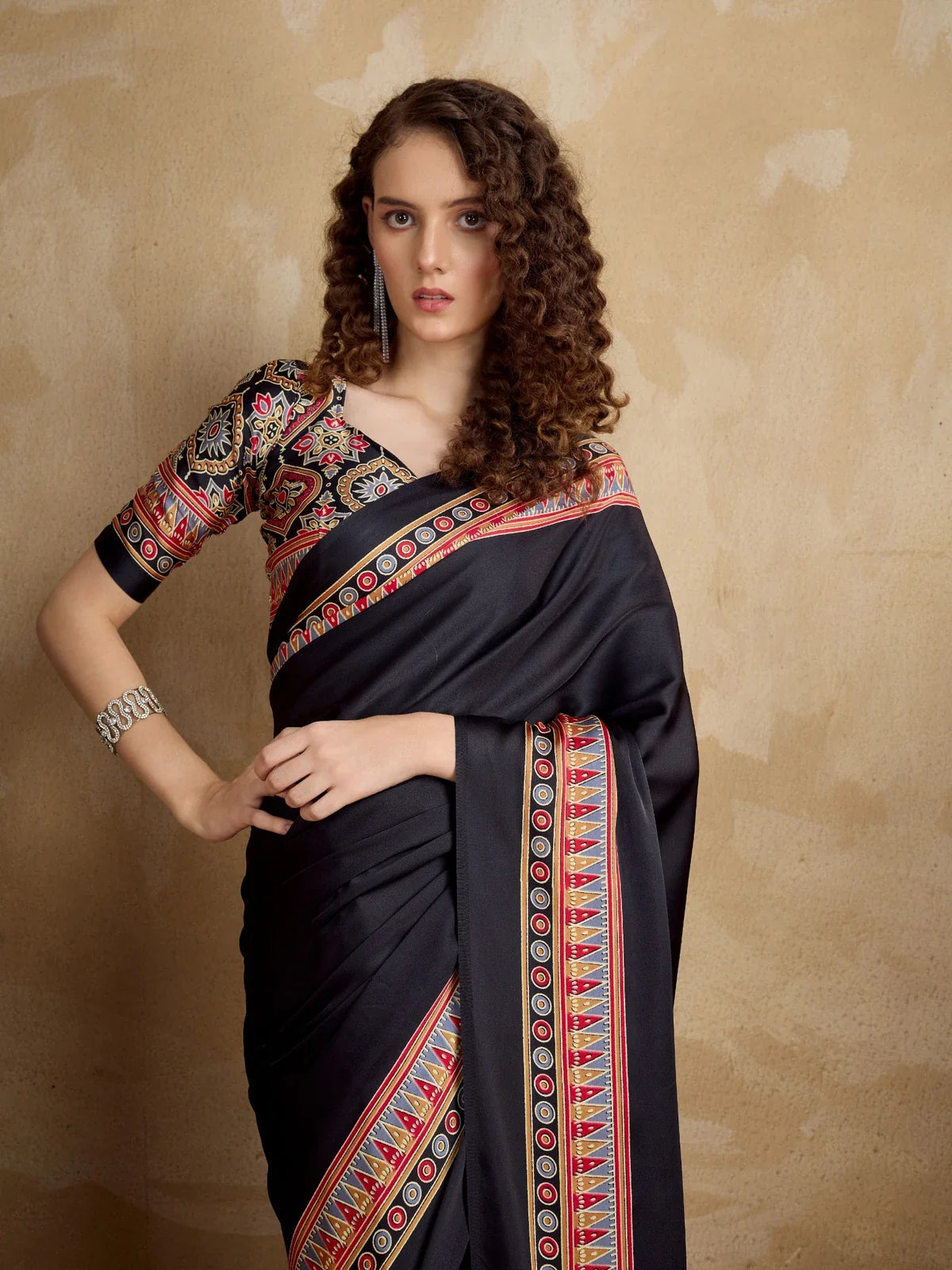 Tarani modal satin saree upper-body view highlighting blouse with matching Ajrakh design
