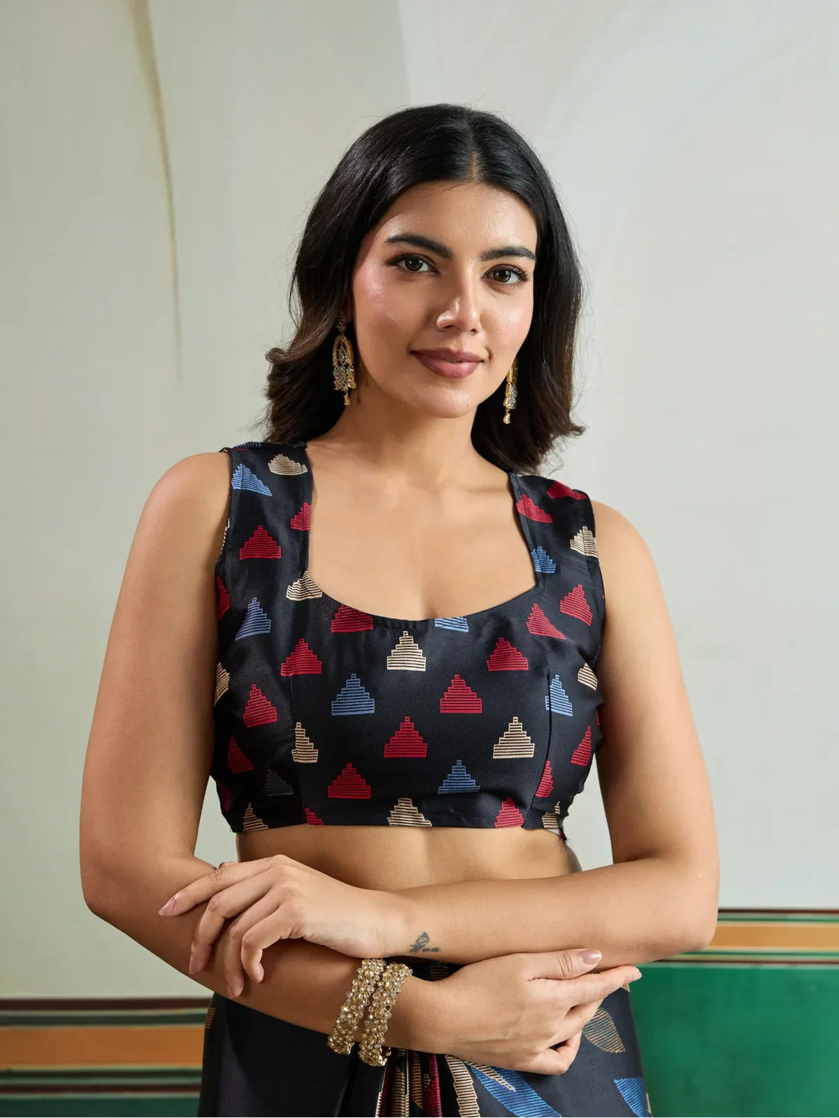 Tarani modal satin saree upper body shot with Ajrakh printed designer blouse in black base