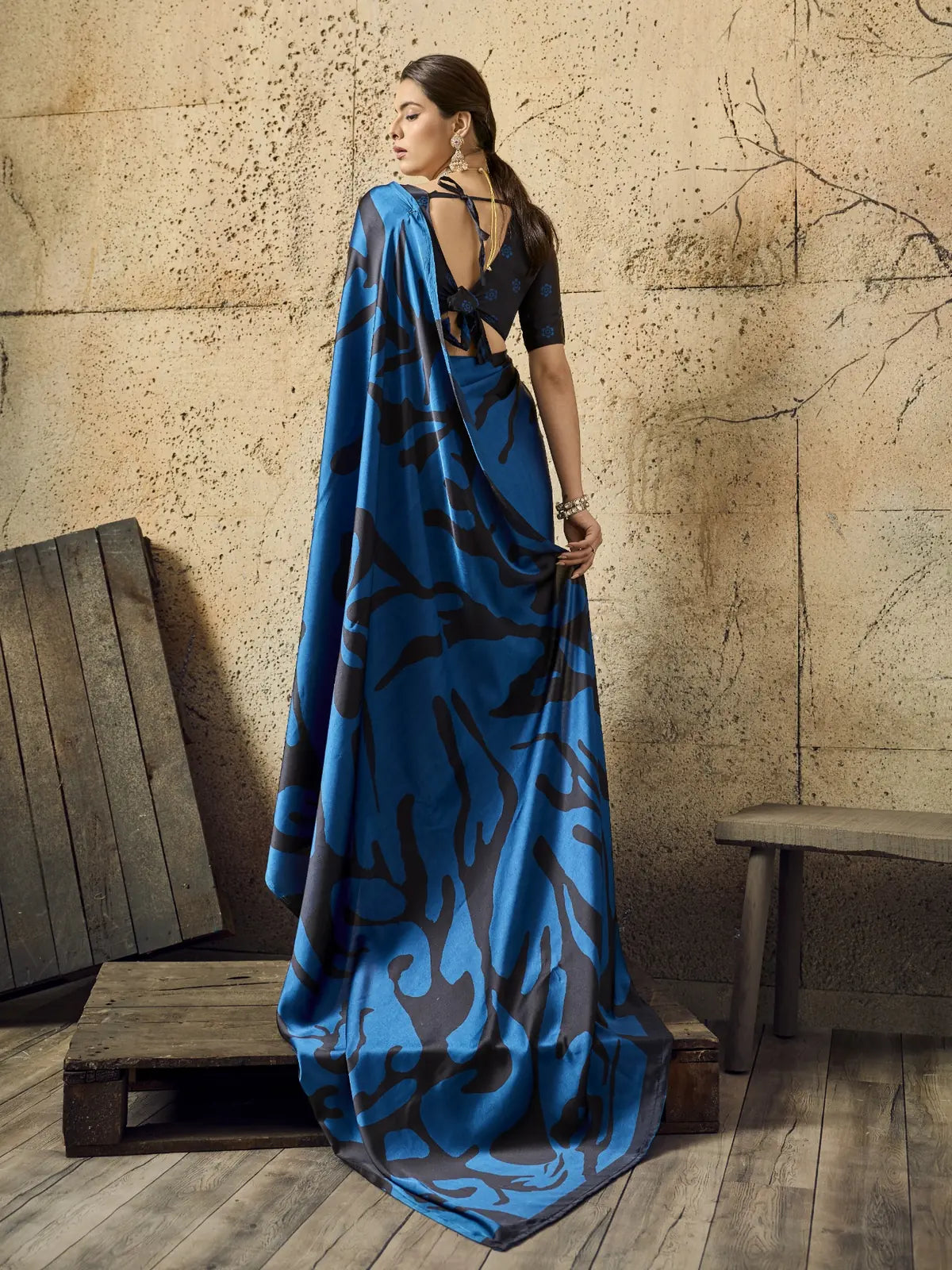 Tarani blue modal satin saree back view with designer blouse pattern