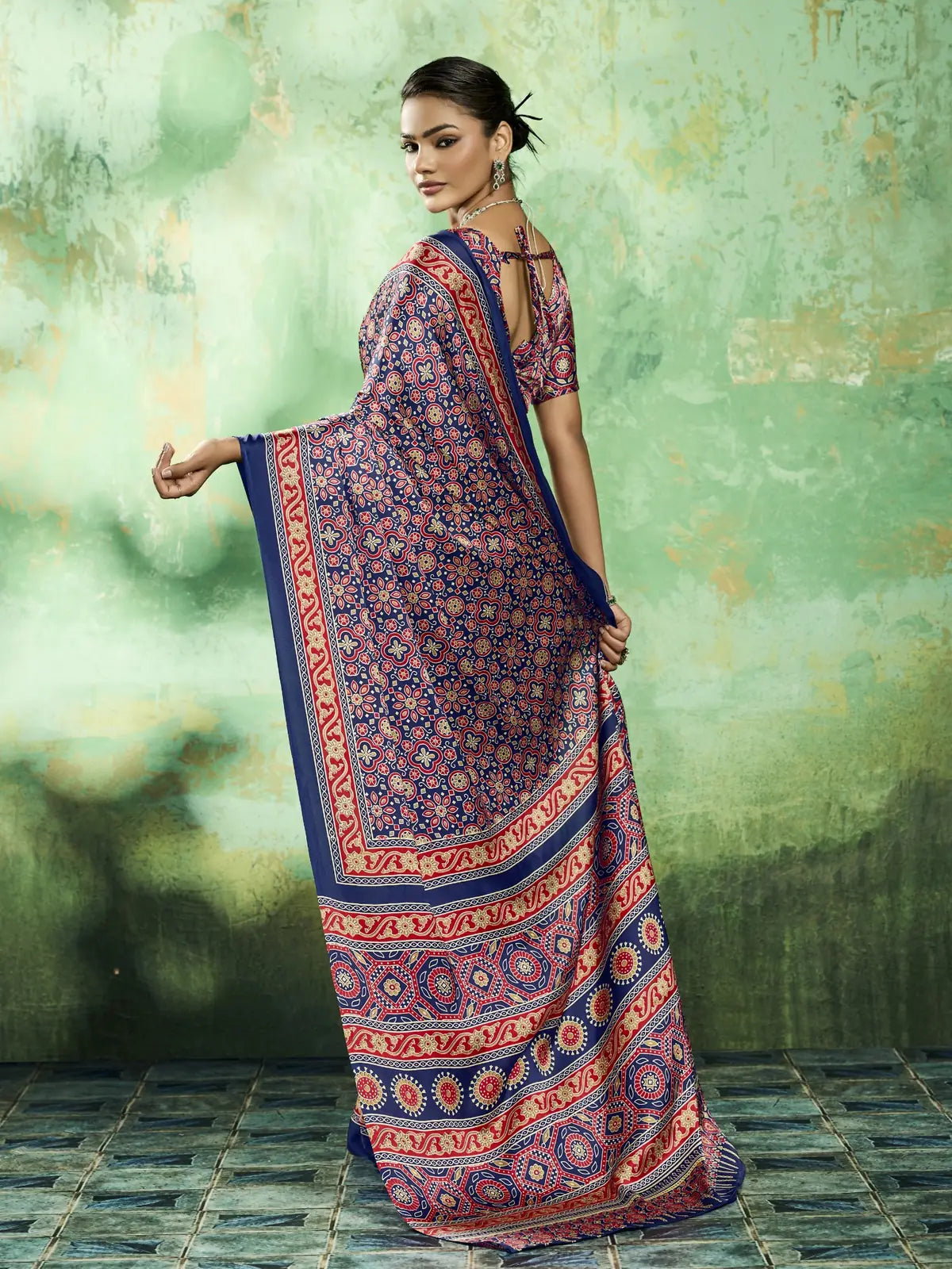 Tarani blue modal satin Ajrakh print saree back view with blouse design
