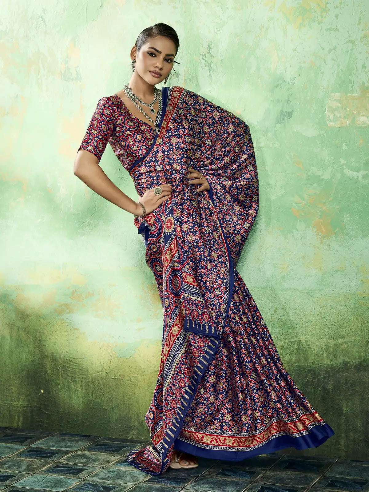 Tarani blue modal satin Ajrakh printed saree front drape view with designer blouse