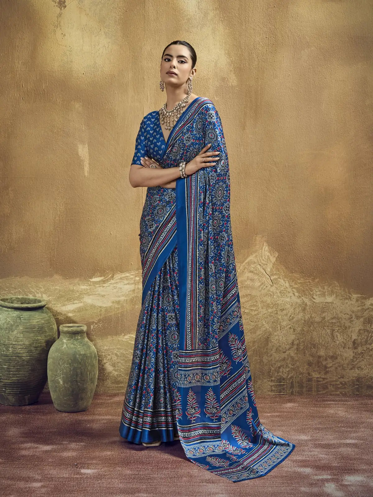 Tarani blue modal satin Ajrakh print saree full view with blouse piece for casual and office wear
