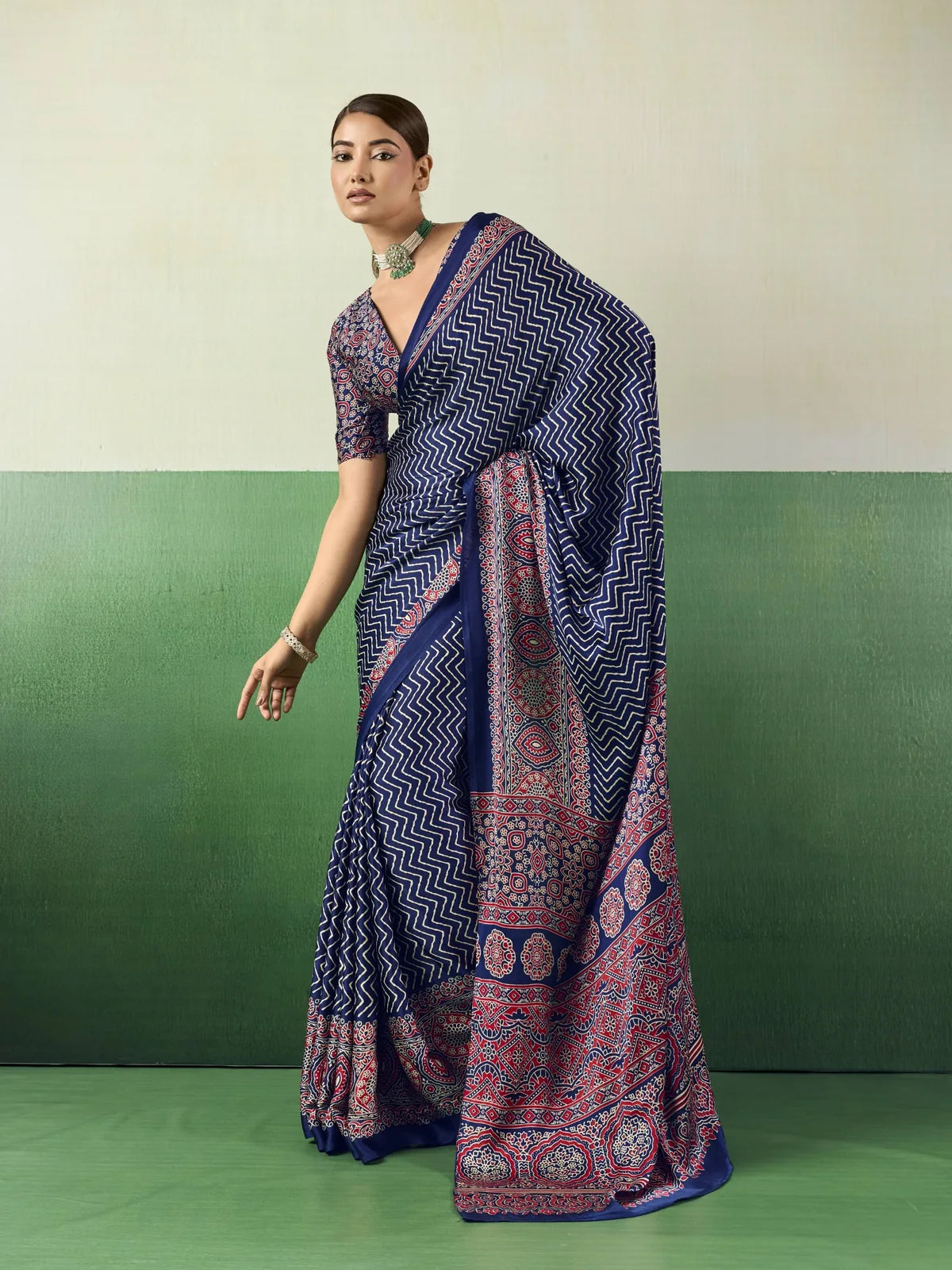 Tarani blue modal satin Ajrakh print saree full view for casual and carnival wear