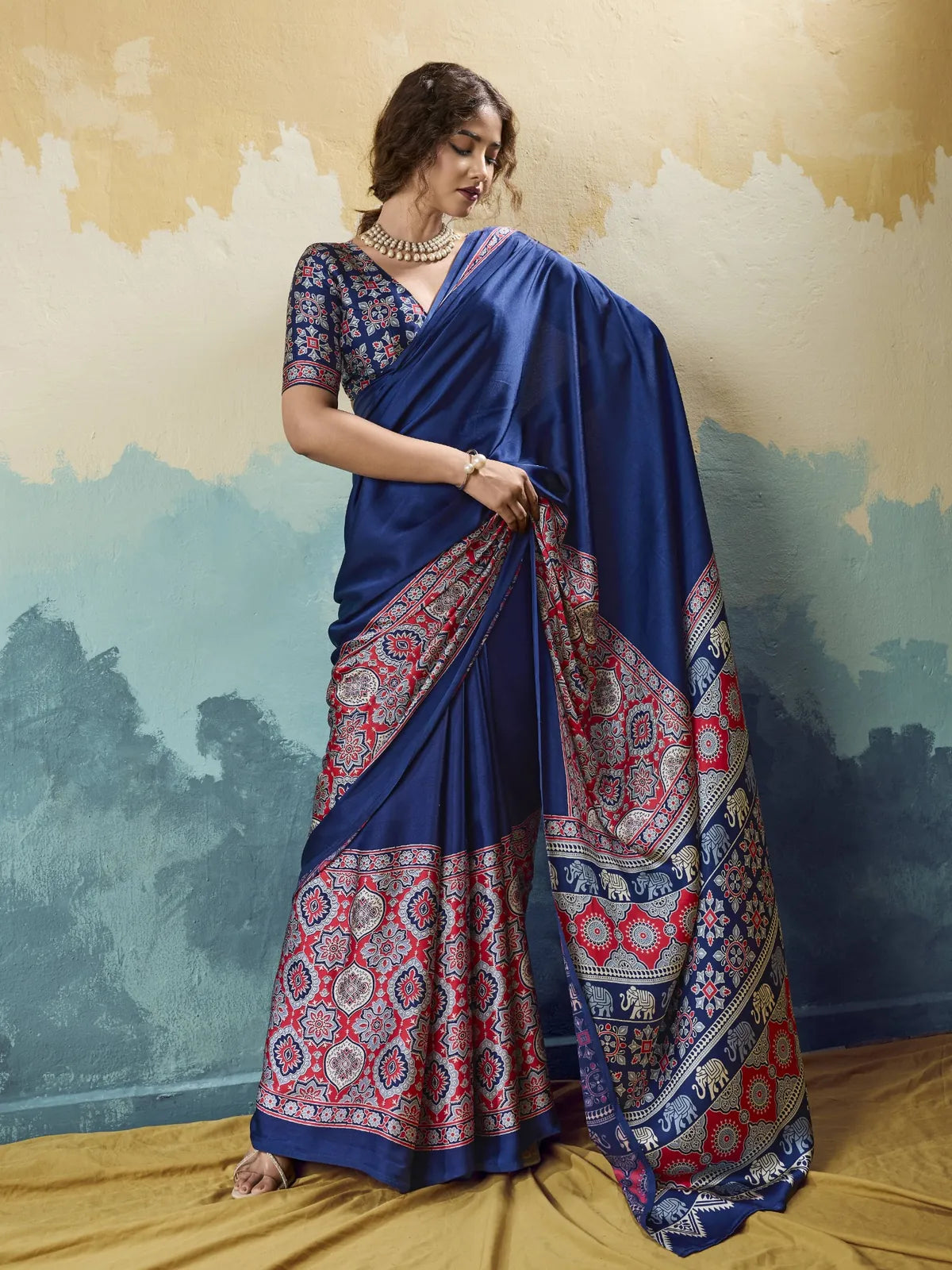 Tarani blue modal satin Ajrakh print saree full view with designer blouse for casual and carnival wear