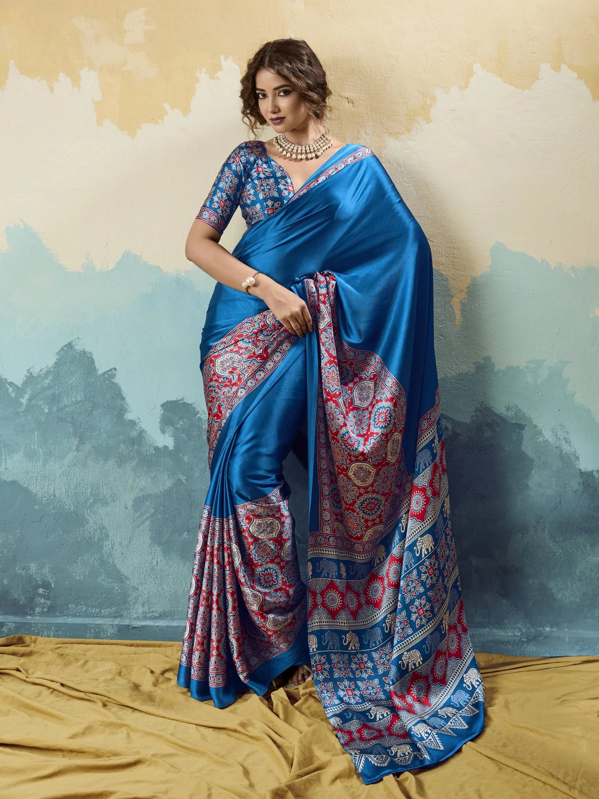 Tarani blue modal satin Ajrakh print saree full view with detailed border and blouse design