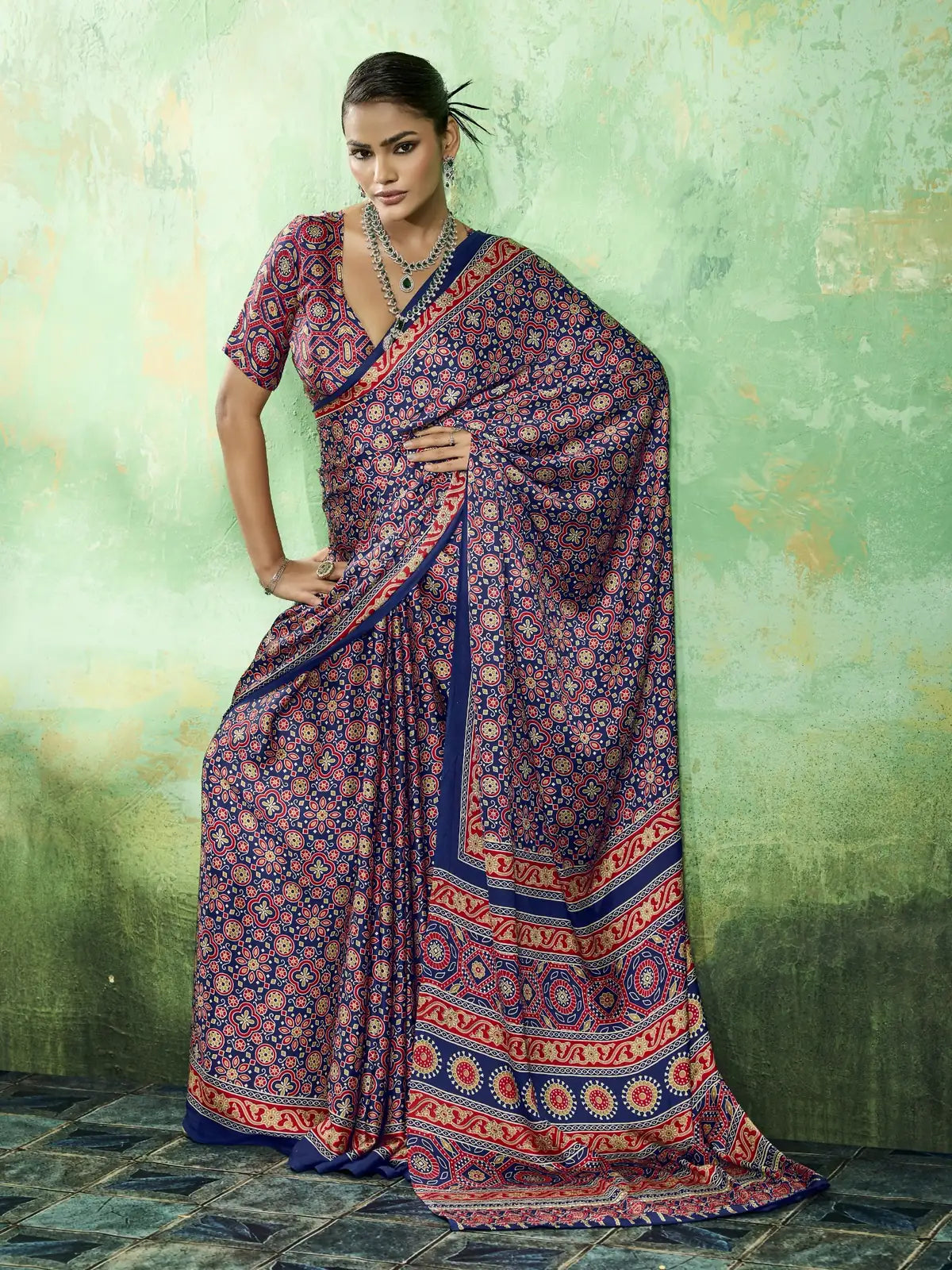 Tarani blue modal satin Ajrakh print saree full view for casual and carnival wear