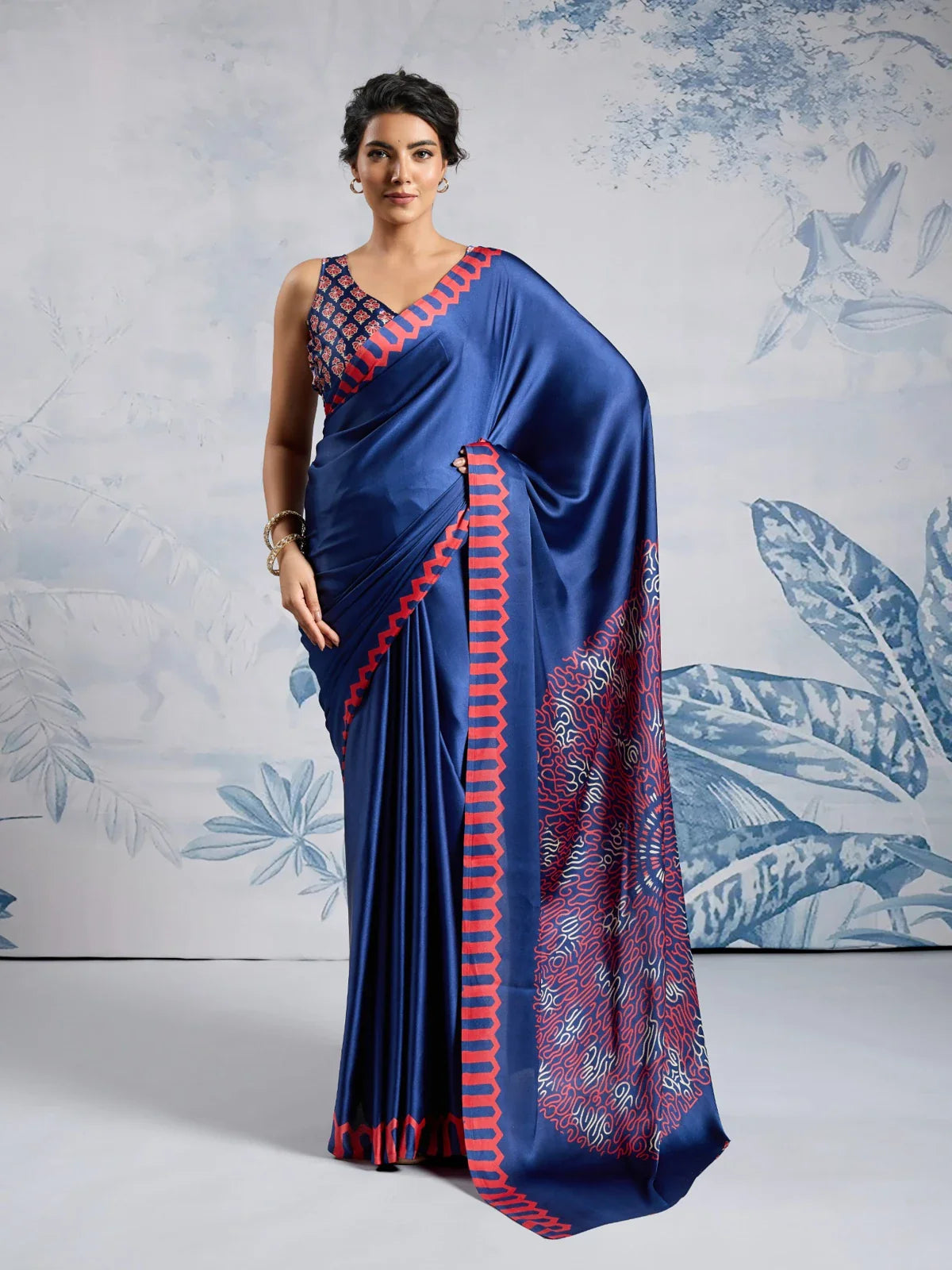 Tarani elegant blue modal satin ajrakh print saree with designer printed blouse front full view