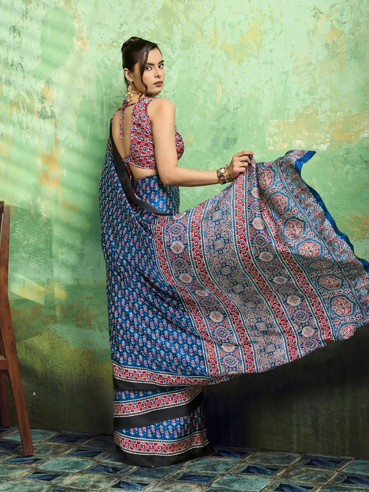 Tarani blue modal satin Ajrakh print saree pallu view with traditional border detailing