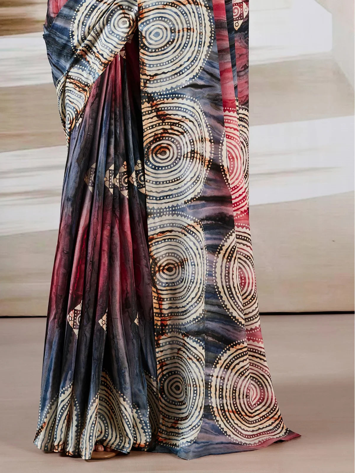 Tarani Ajrakh print pallu in blue modal satin with circular spiral motifs