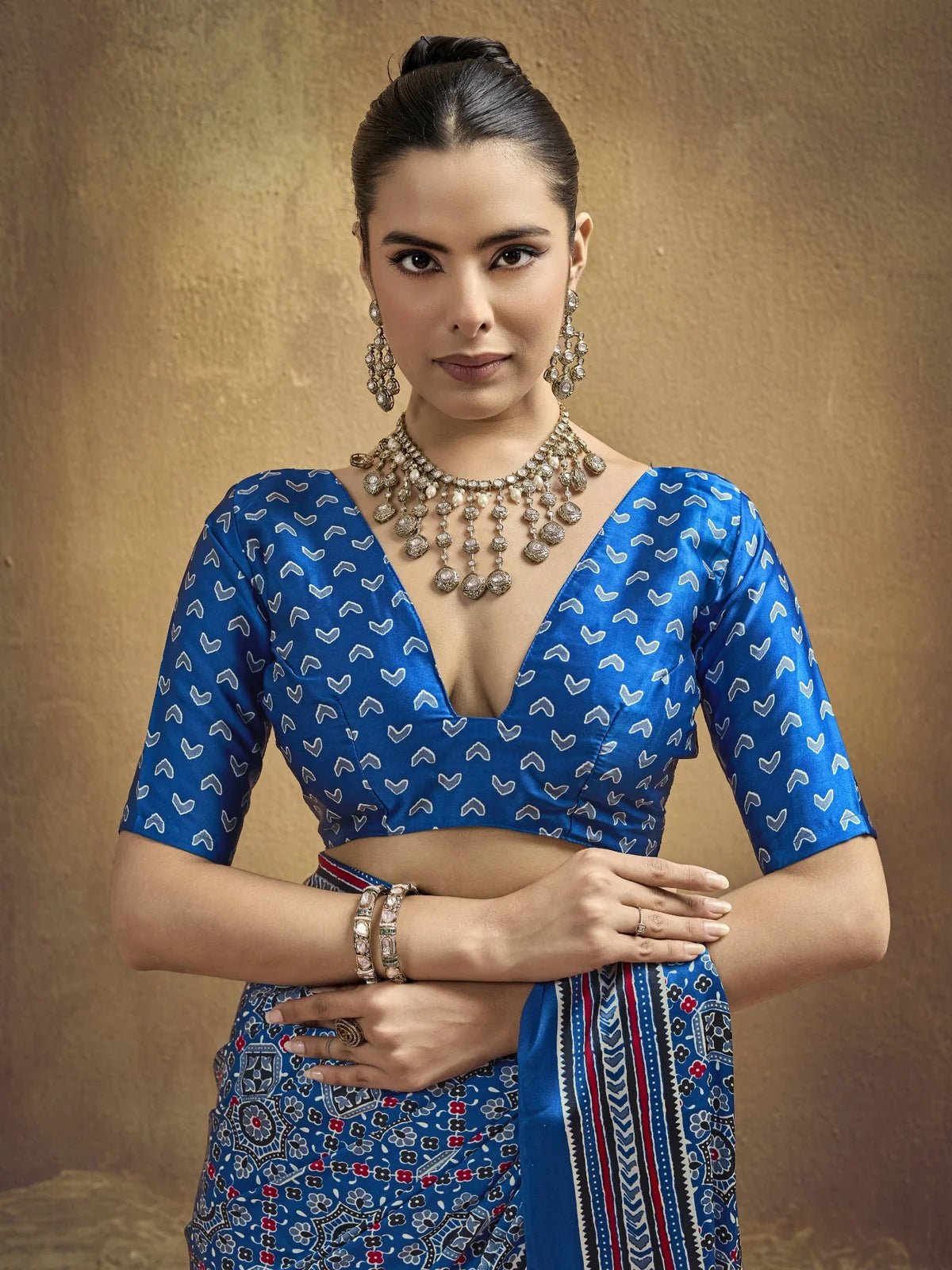 Tarani blue Ajrakh print modal satin saree upper body blouse detailing with elegant jewellery styling