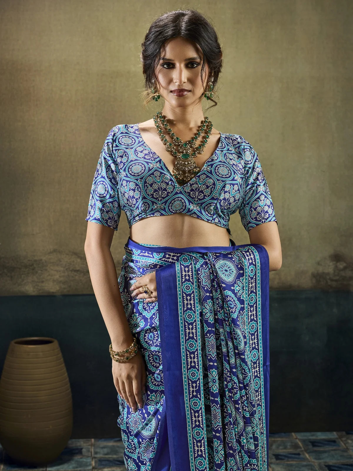 Tarani Swarnima blue Modal Satin Ajrakh saree upper body view with printed blouse