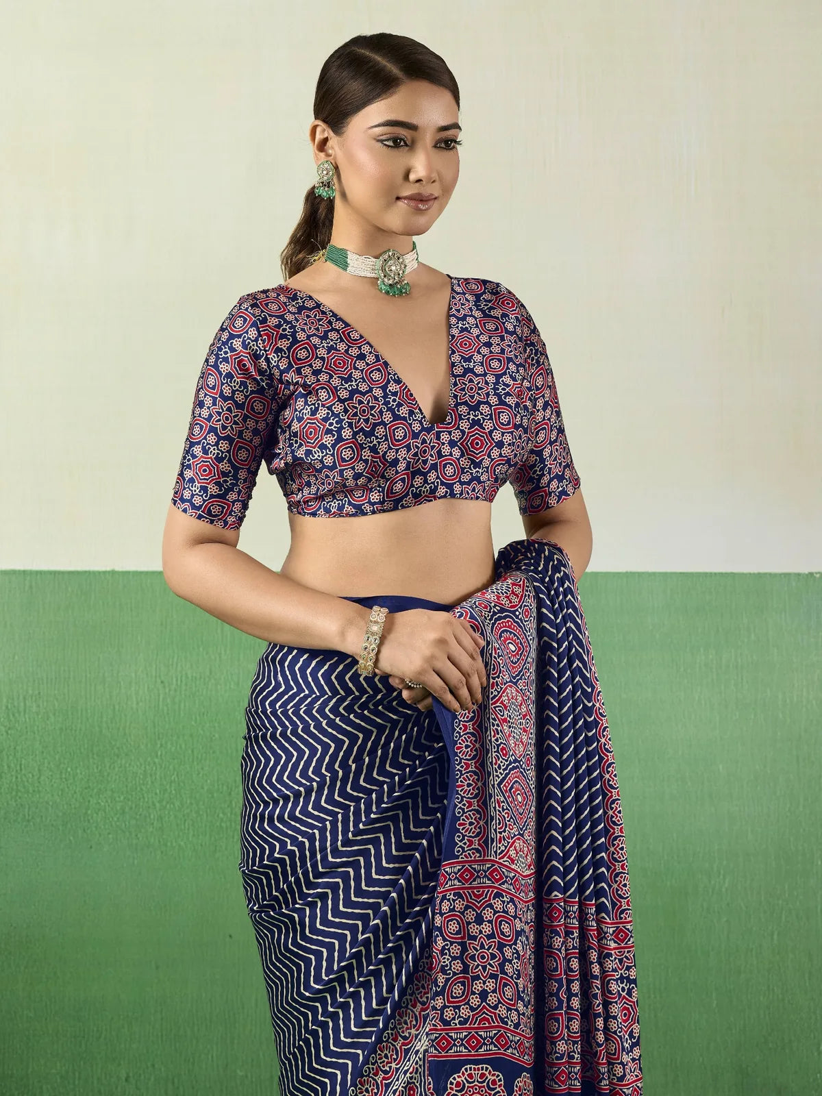 Tarani blue modal satin Ajrakh print saree with blouse upper body view