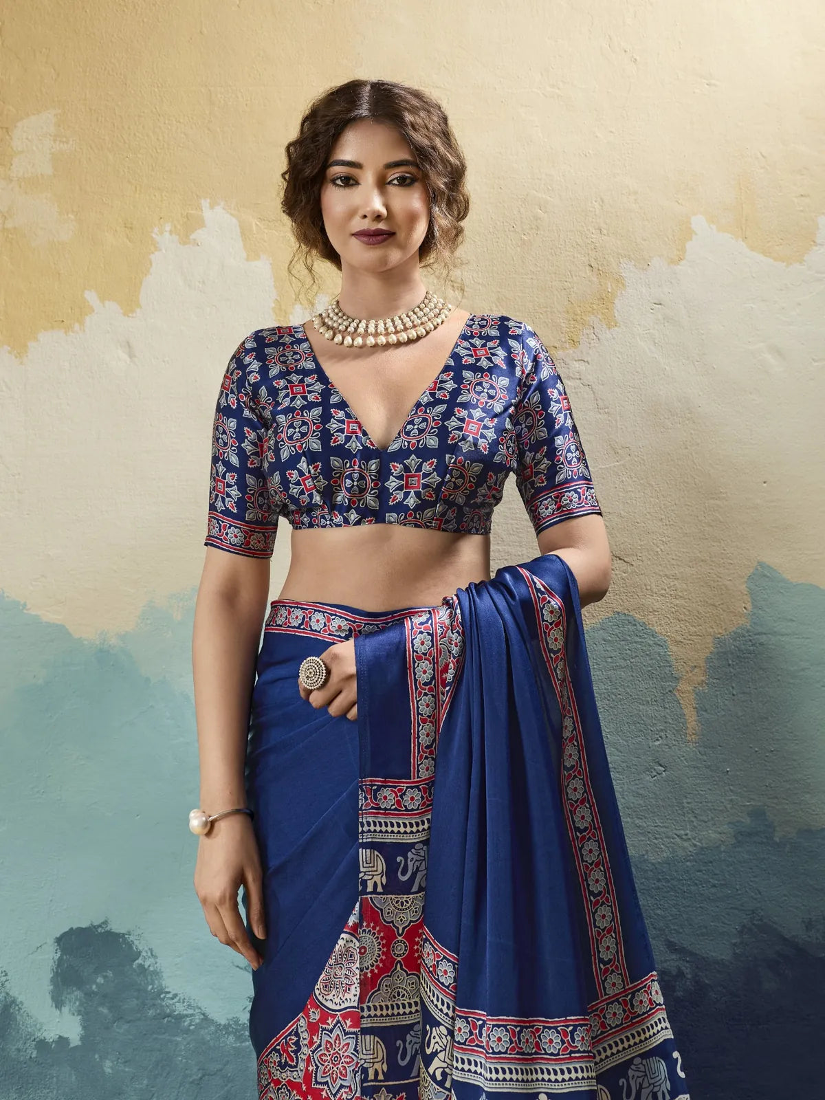 Tarani blue modal satin Ajrakh print saree upper body view with printed blouse detailing