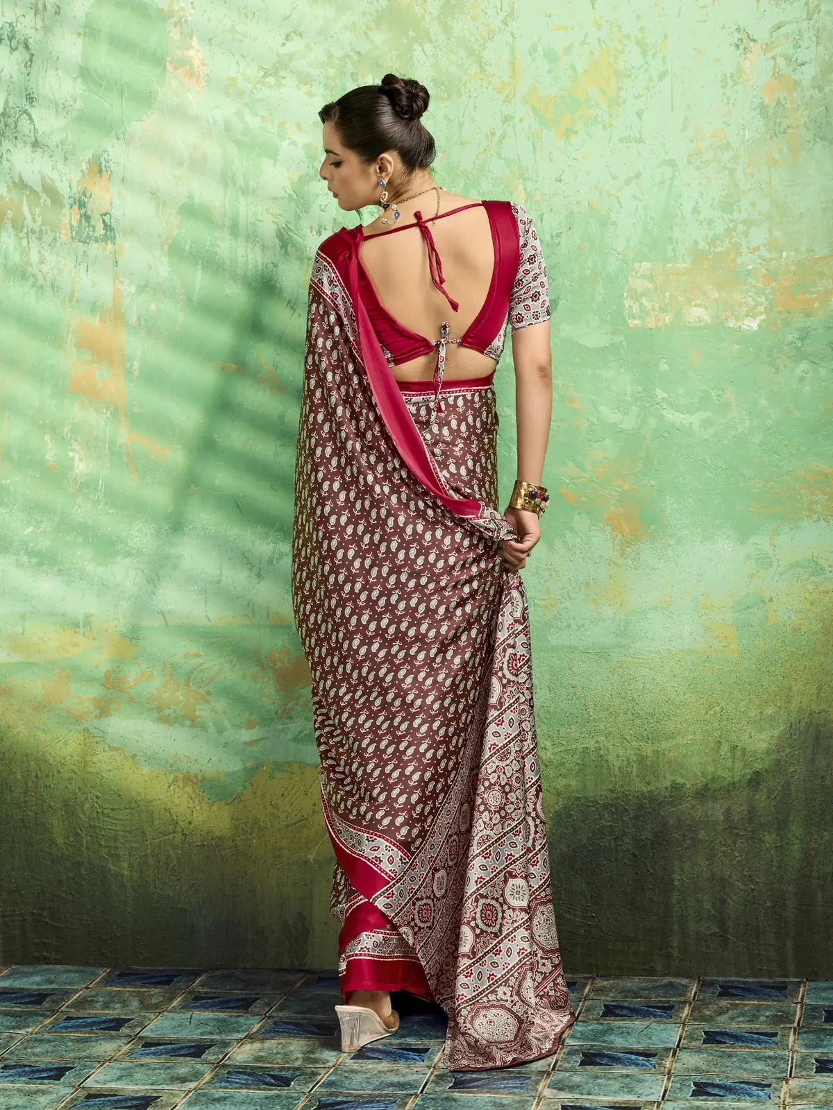 Tarani brown modal satin Ajrakh print saree back blouse view with elegant drape styling