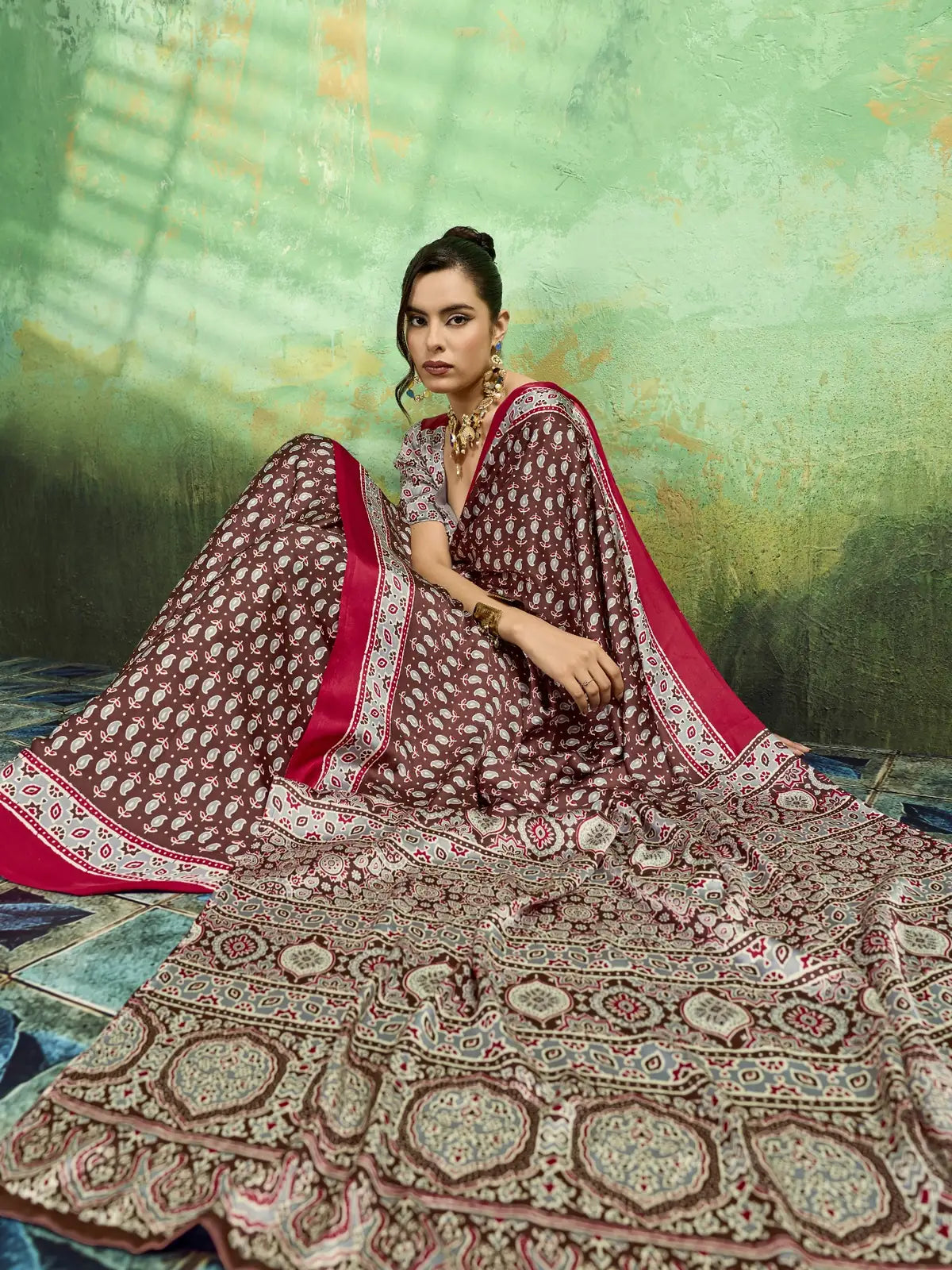 Tarani designer brown modal satin Ajrakh print saree front pose for casual festive styling