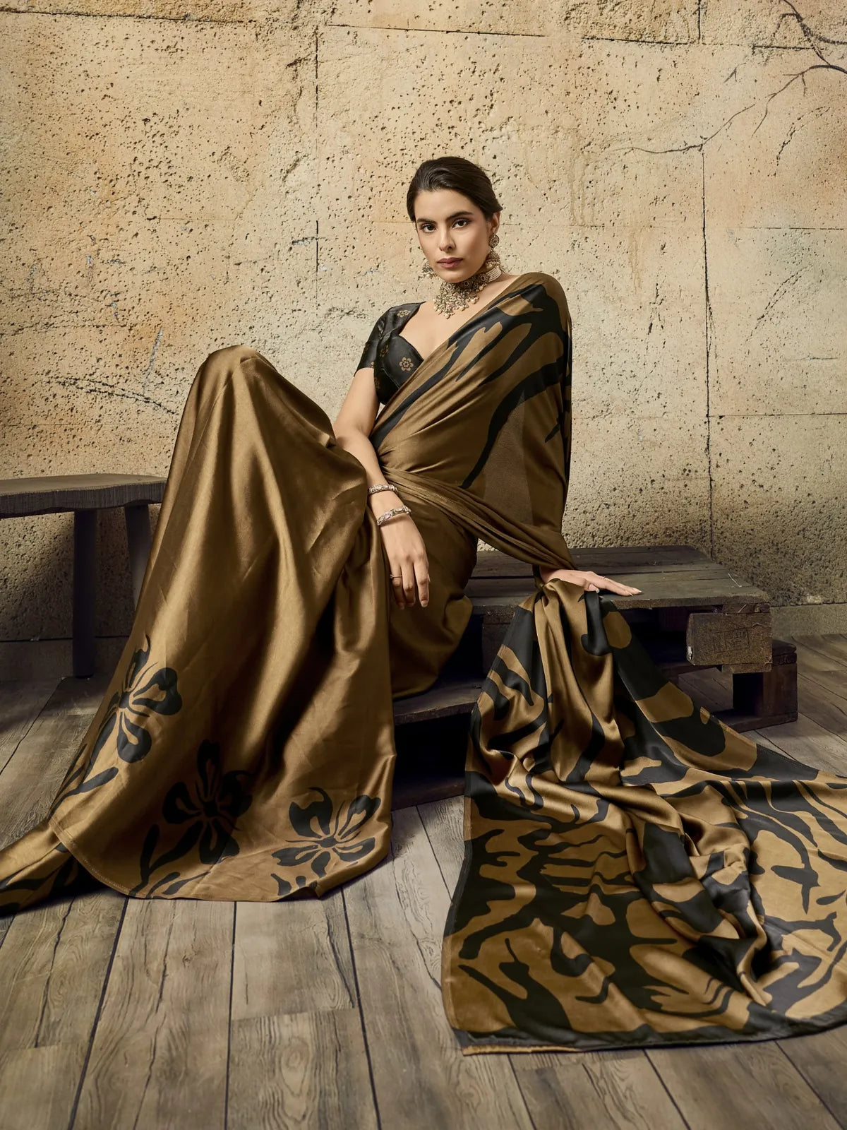 Tarani brown Ajrakh printed modal satin saree front drape view for festive casual and cultural styling