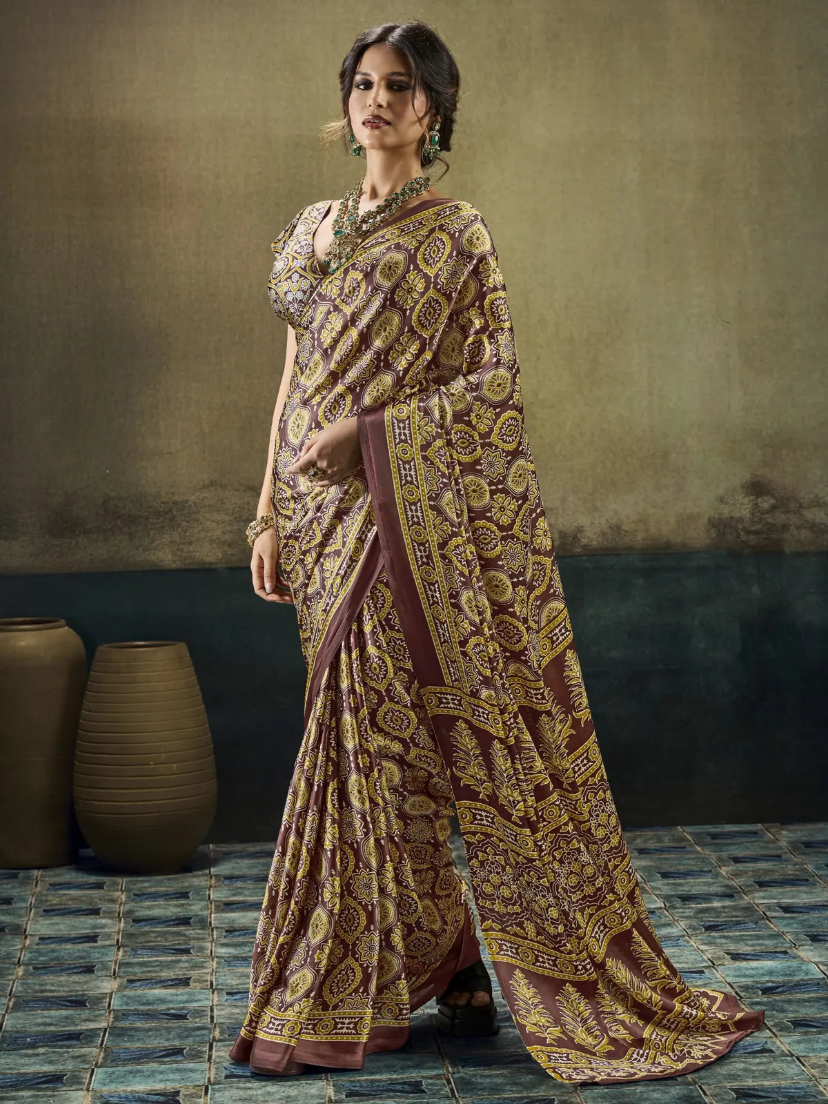 Tarani Aishwika brown Modal Satin Ajrakh print saree full view with printed pallu and blouse