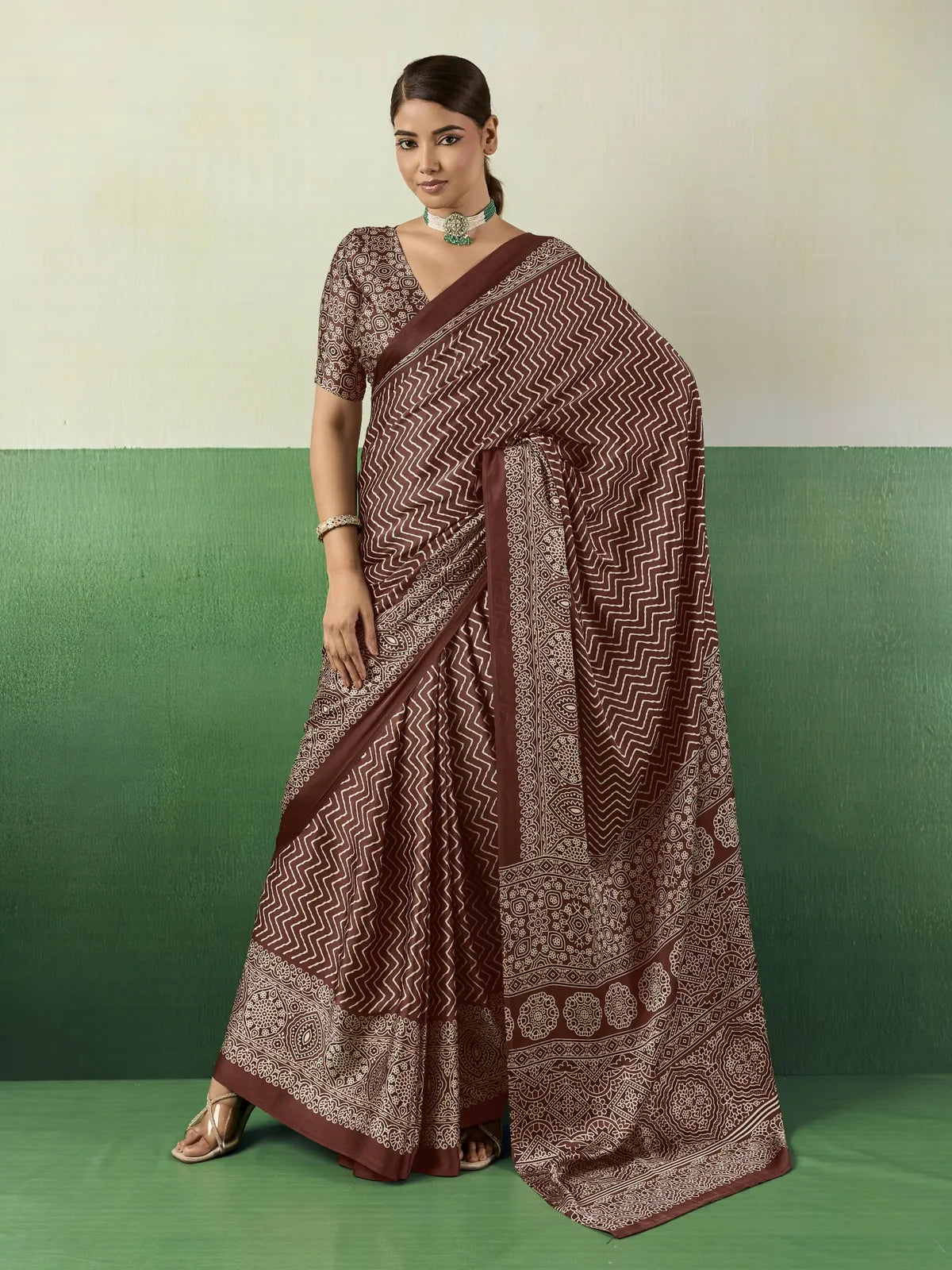 Tarani brown modal satin Ajrakh print saree full view with printed blouse for casual and carnival wear