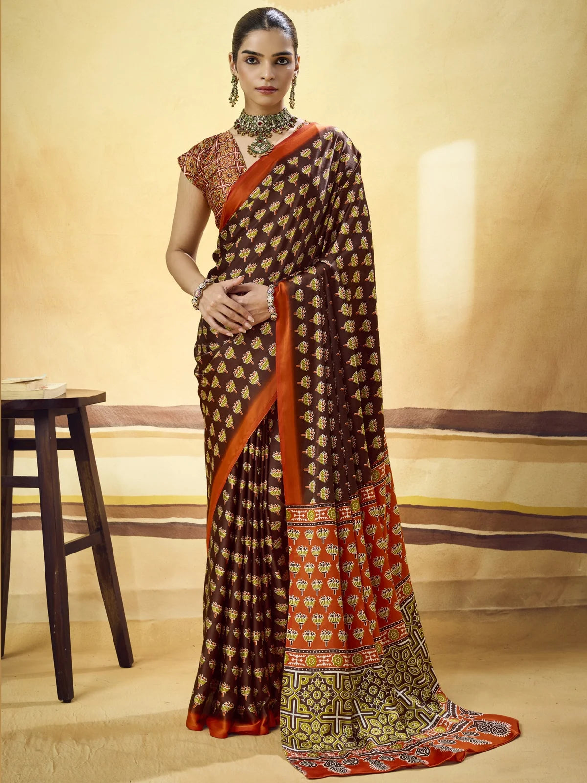 Tarani brown Modal Satin Ajrakh Print saree full view with printed motifs and matching blouse