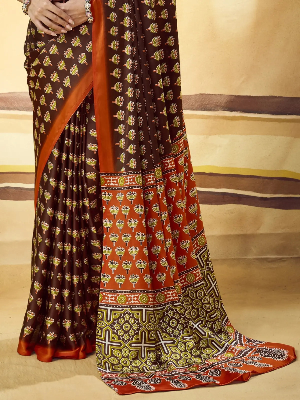 Tarani brown Modal Satin Ajrakh Print saree pallu close view showing Ajrakh border detailing