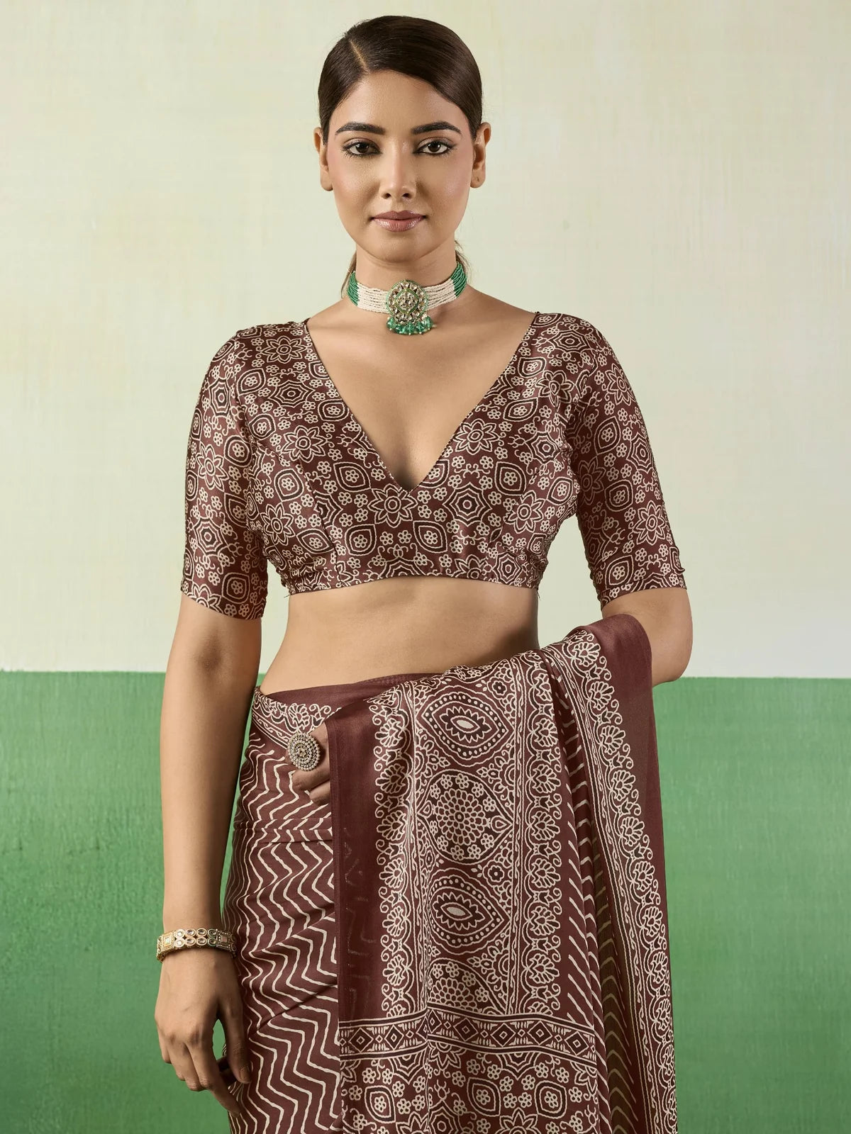 Tarani brown modal satin Ajrakh print saree upper body view with stylish printed blouse design